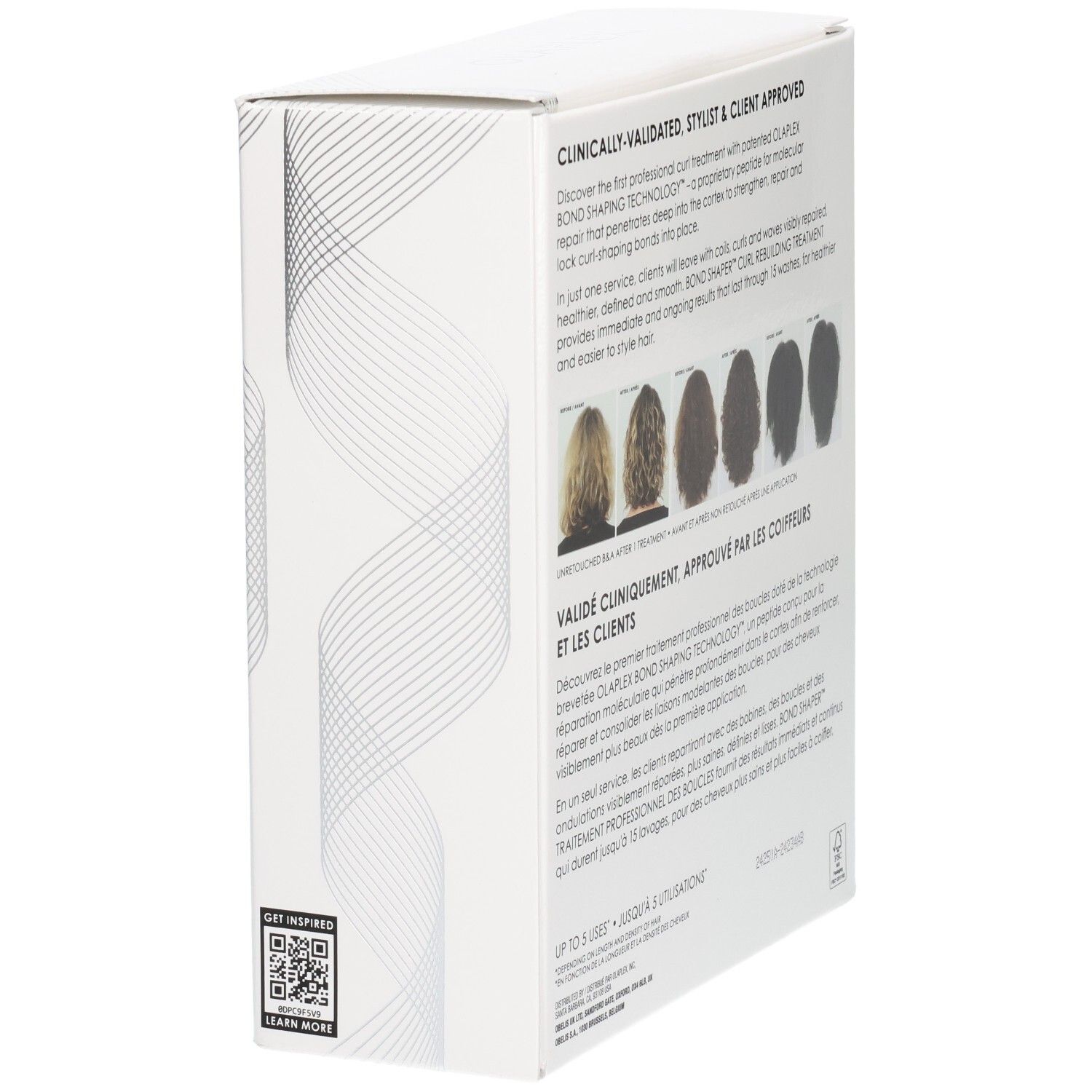 Boîte Olaplex Bond Shaper Curl Rebuilding Treatment avec QR code et certifications.