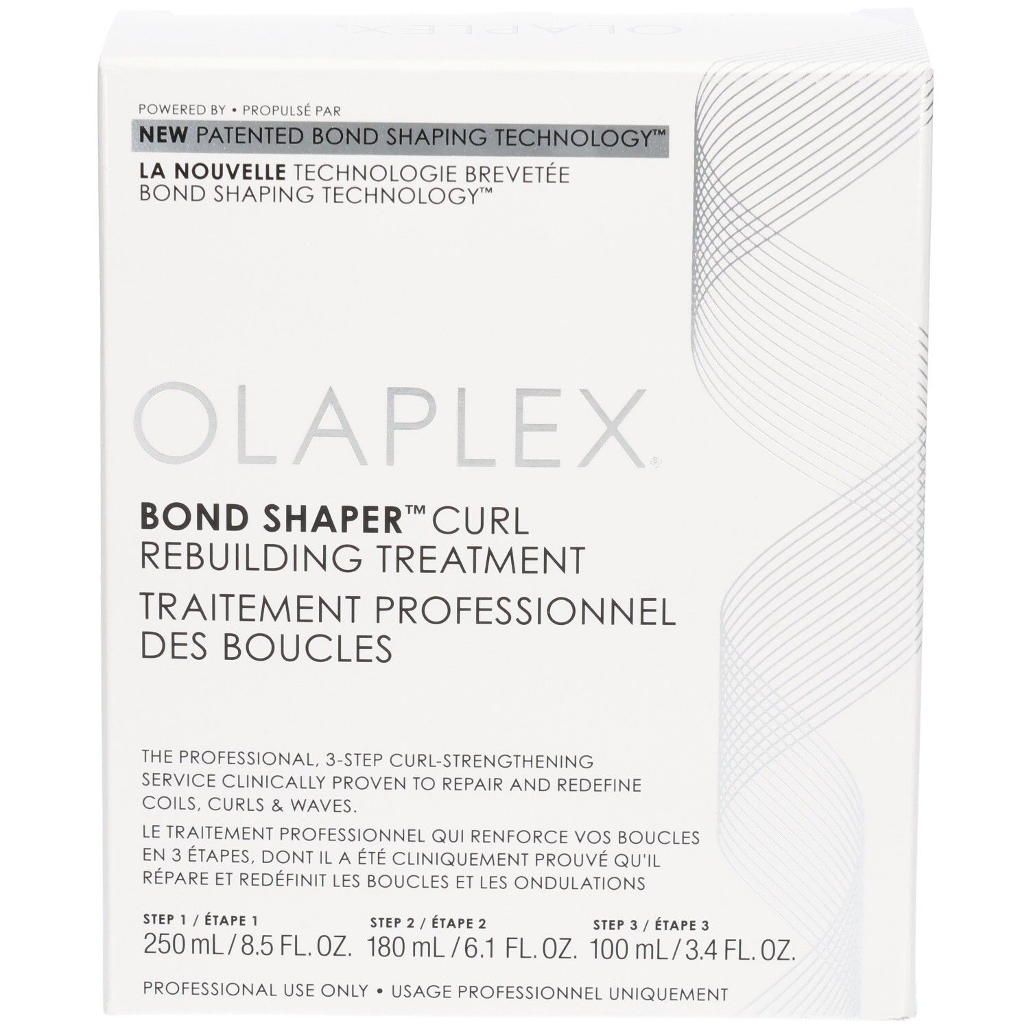 Boîte Olaplex Bond Shaper Curl Rebuilding Treatment. Contient 3 étapes : 250ml, 180ml, 100ml.