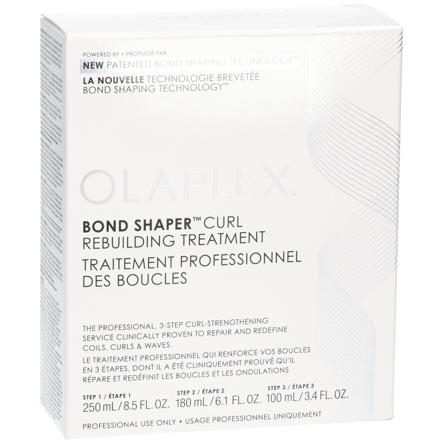 Boîte Olaplex Bond Shaper Curl Rebuilding Treatment. Contient 3 étapes : 250ml, 180ml, 100ml.