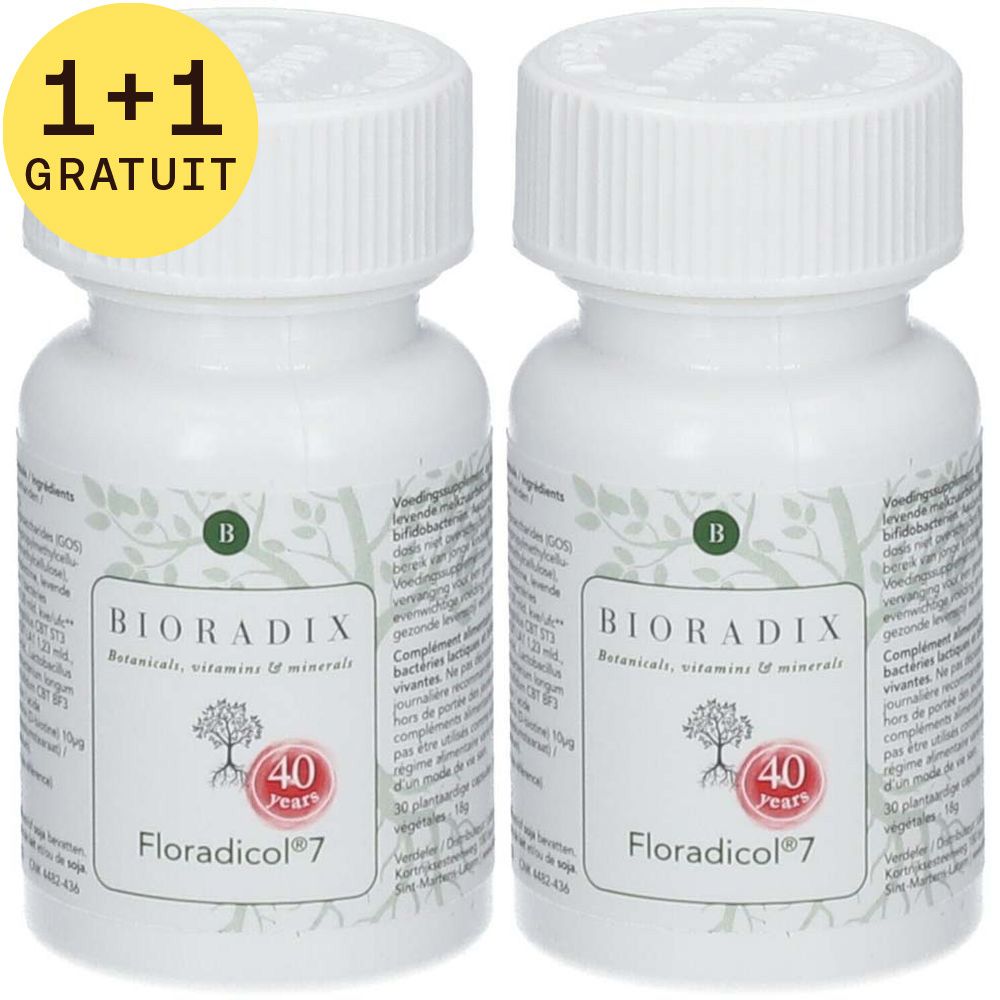 Deux flacons blancs avec étiquettes. Inscription : Bioradix Floradicol7. Étiquette jaune : 1+1 GRATUIT.