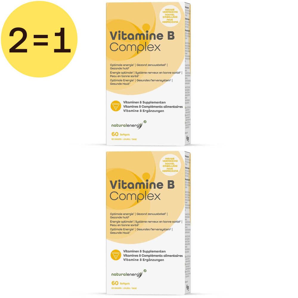 Deux boîtes de Vitamine B Complex. Emballage jaune et blanc avec texte. Inscription : "2=1".