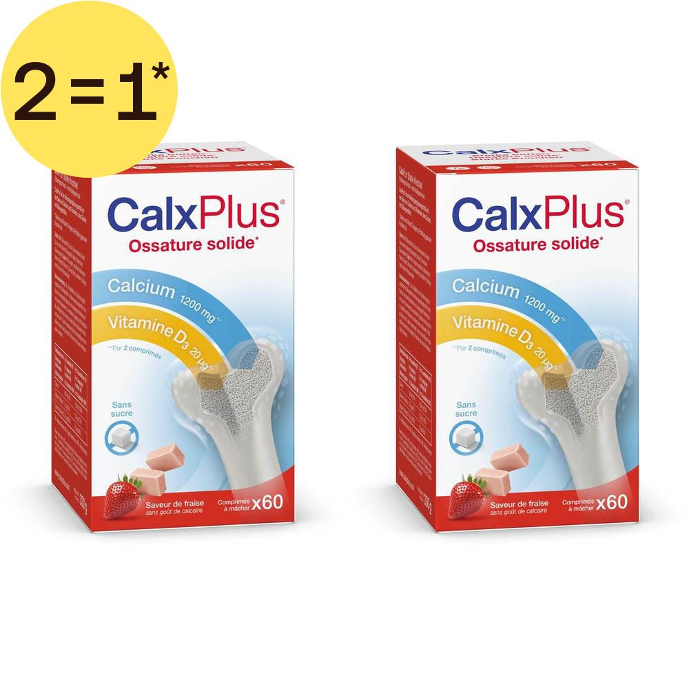 Deux boîtes "CalxPlus" avec autocollant "1+1 GRATUIT". Contient "Ca++ 600", "Vit.D.40", "Vit.K.65".