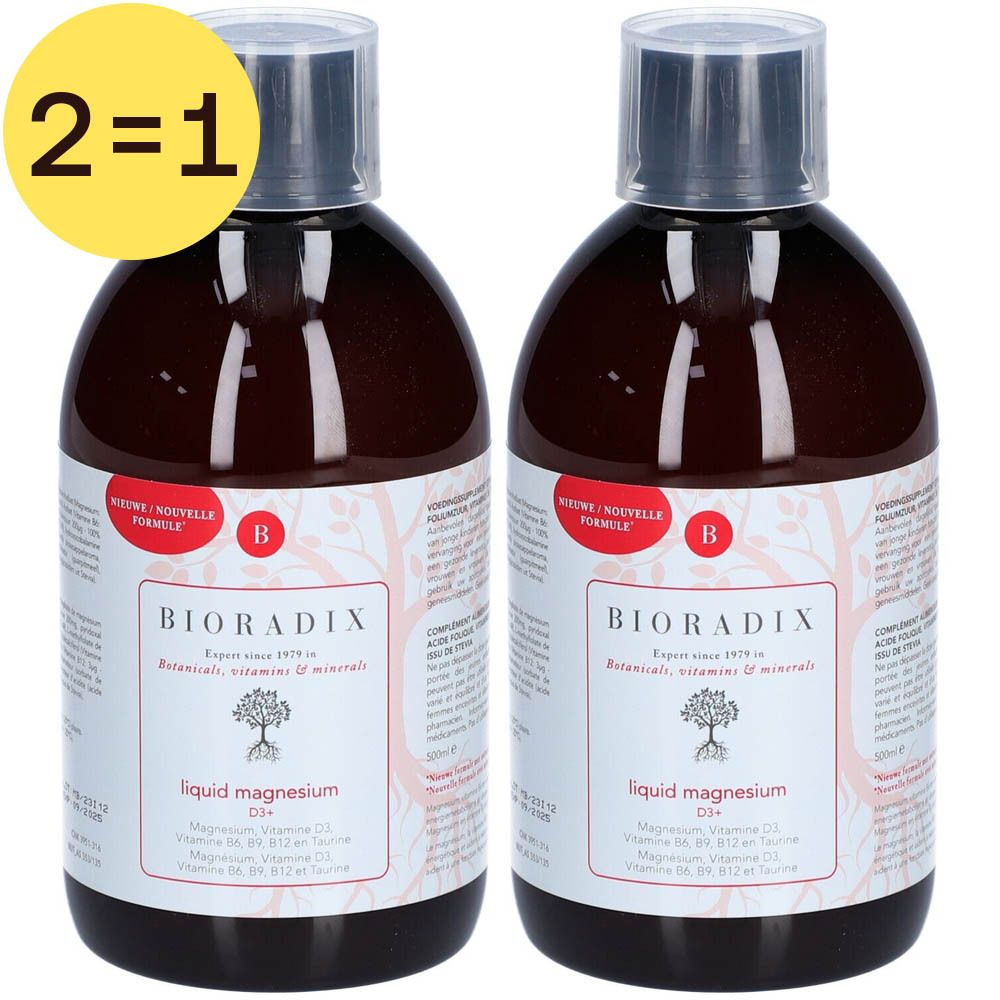 Deux flacons de Bioradix Biotoop Magnésium D3+. Inscription : liquid magnesium D3+. Offre 2=1.