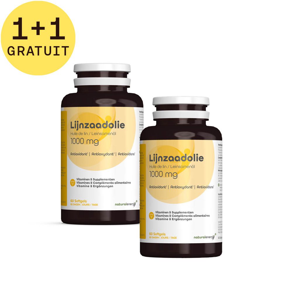 Deux flacons de Lijnzaadolie, 1000 mg, étiquette jaune. Inscription : Antioxydant, Vitamines & Compléments. 1+1 GRATUIT.