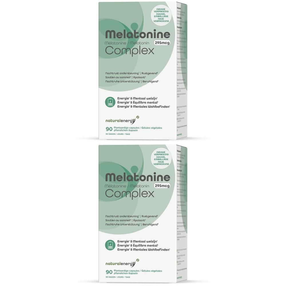 Deux boîtes de Melatonine Complex. Inscription : 1+1 GRATUIT. Emballage vert et blanc avec informations et logo.