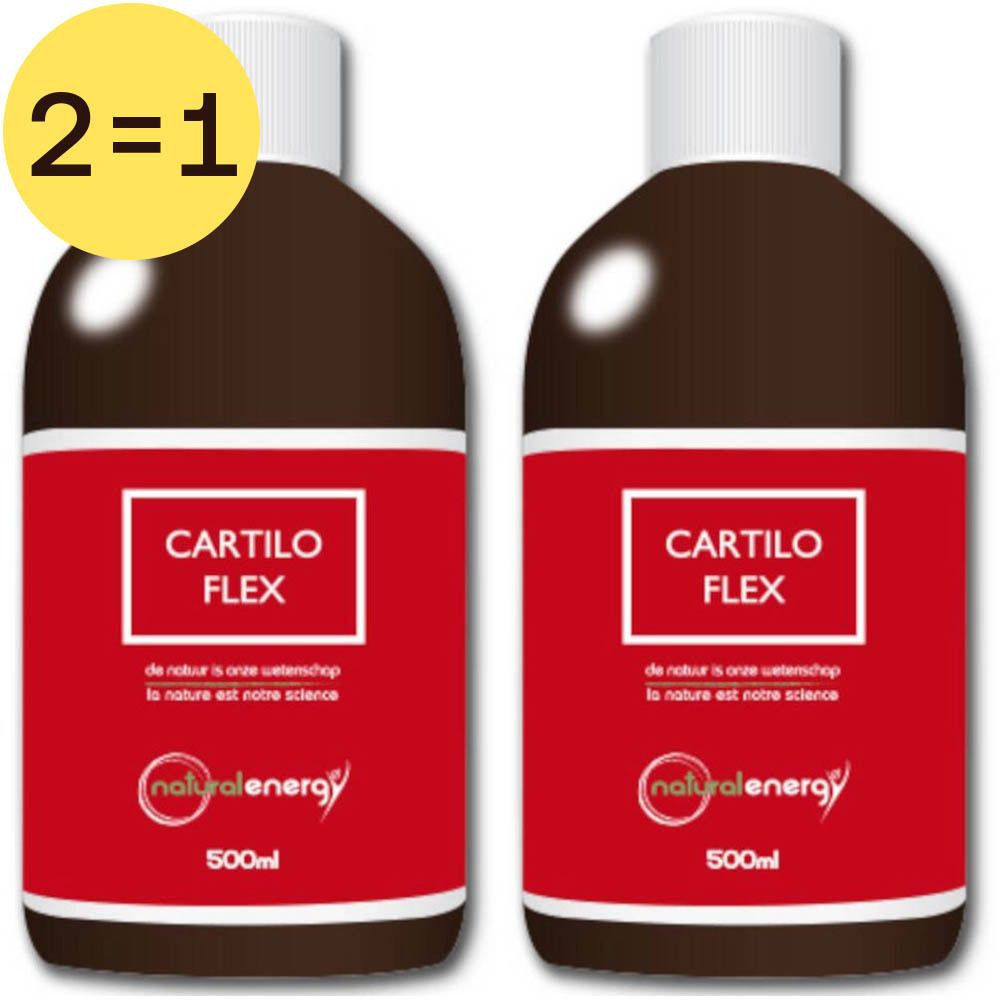 Deux bouteilles avec étiquette rouge. Inscription CARTILO FLEX, Natural Energy et 500ml. Cercle jaune avec "2=1".