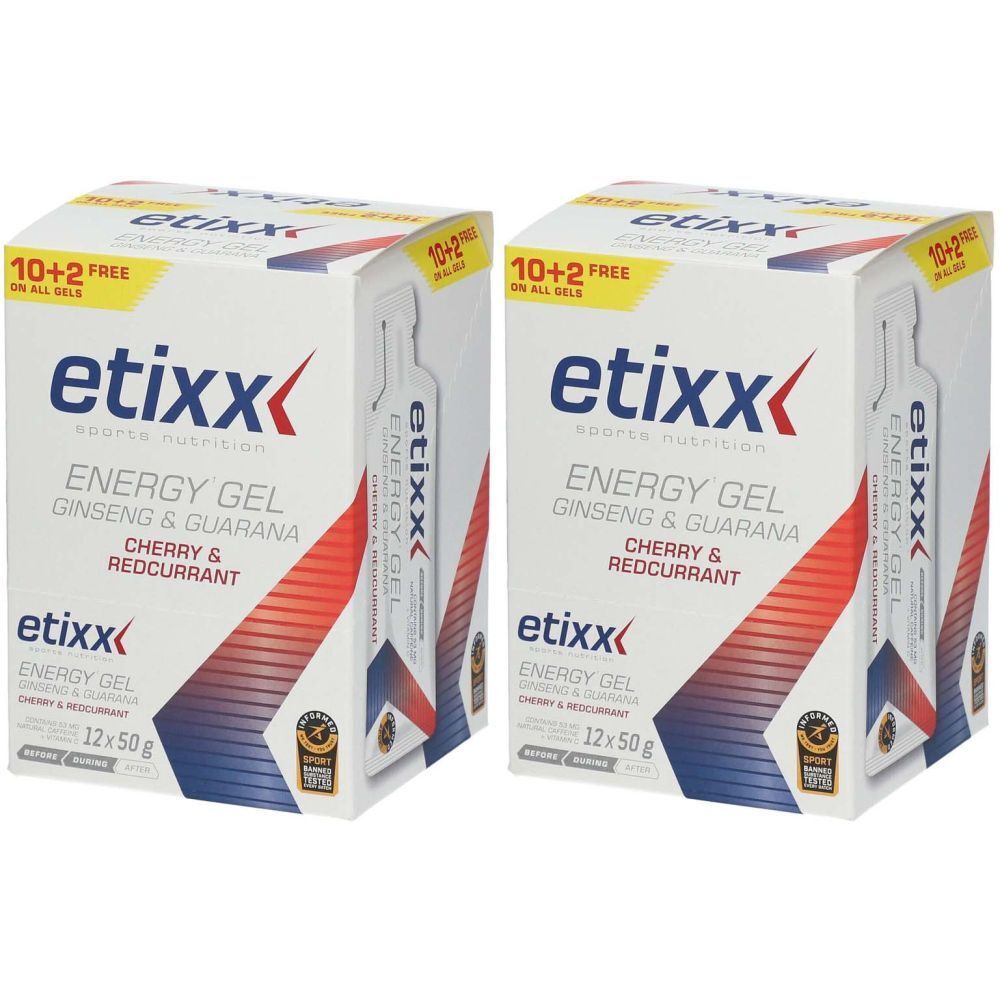 Deux boîtes de gel énergétique Etixx. Inscription : Ginseng & Guarana, Cherry & Redcurrant. 12x50g. Offre 10+2 gratuite.