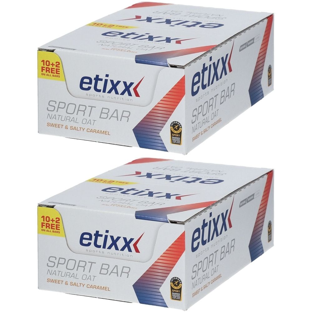 Deux boîtes de barres énergétiques Etixx. Inscription: Natural Oat, Sweet & Salty Caramel. 10+2 gratuit. Logo et label.