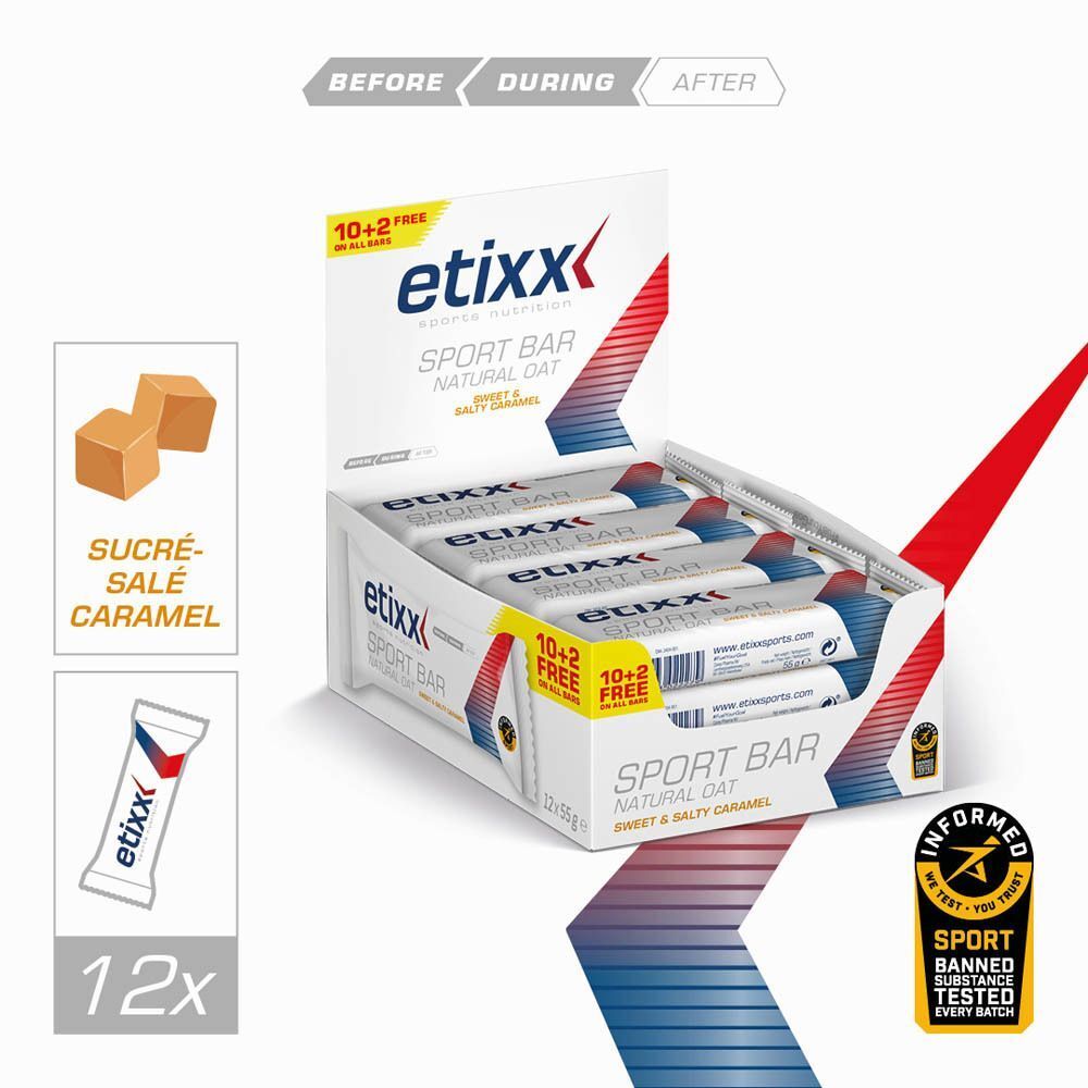 Boîtes de barres etixx, caramel sucré et salé. Inscription : 10+2 gratuit. Offre 1+1.