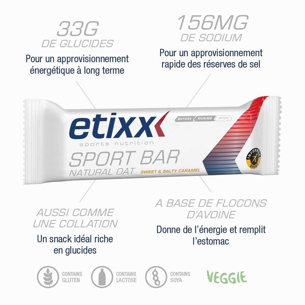 Boîte ouverte de barres etixx, caramel sucré et salé. 12 barres. Certification.