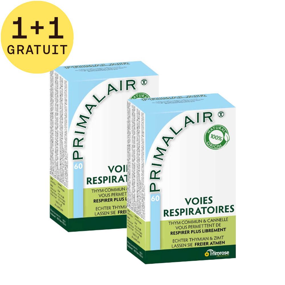 Deux boîtes PRIMALAIR, design blanc et bleu, avec 'VOIES RESPIRATOIRES'. Étiquette '1+1 GRATUIT'. Logo '100% naturel'.