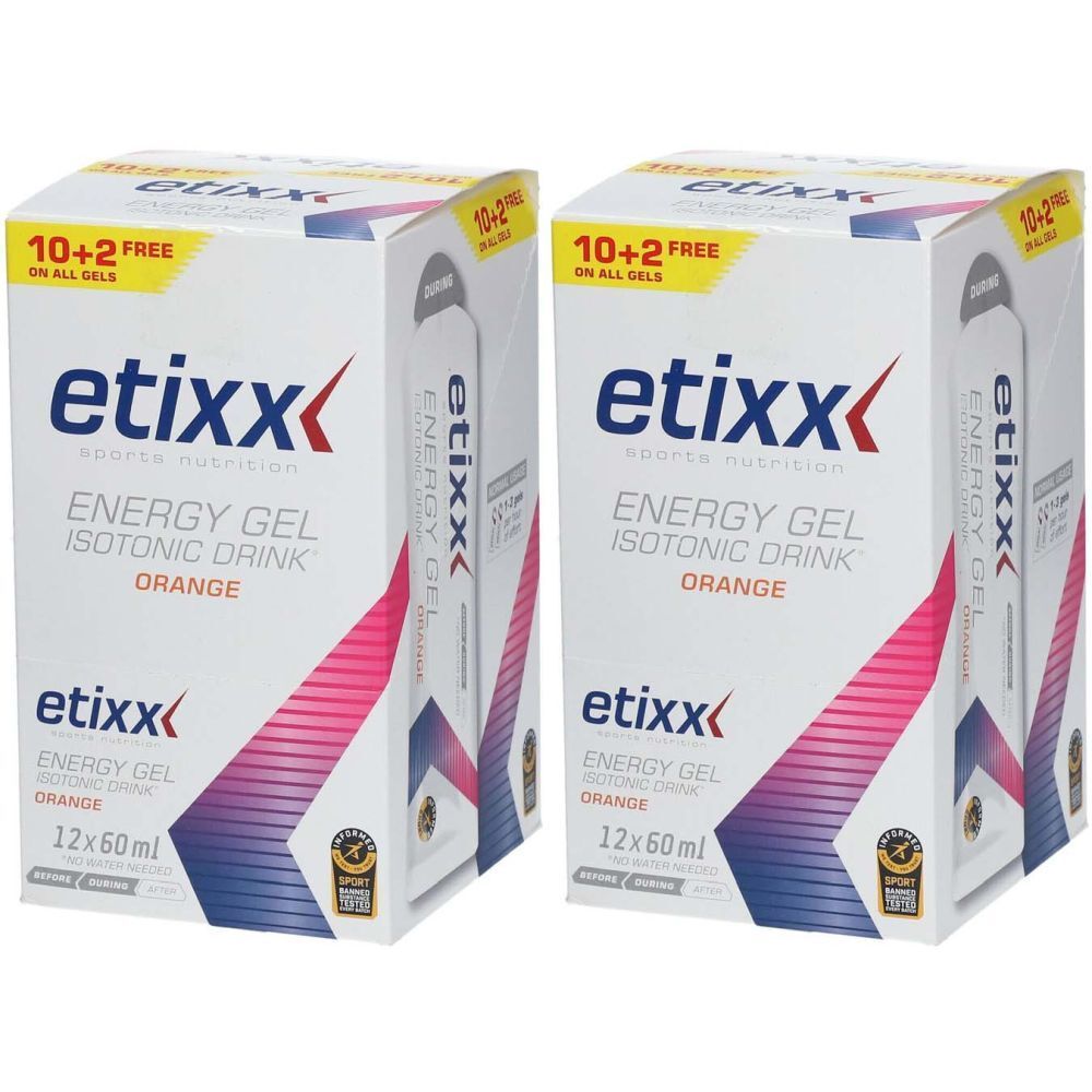 Deux boîtes de gel énergétique. Inscription: etixx, Energy Gel Isotonic Drink Orange. 10+2 gratuits.