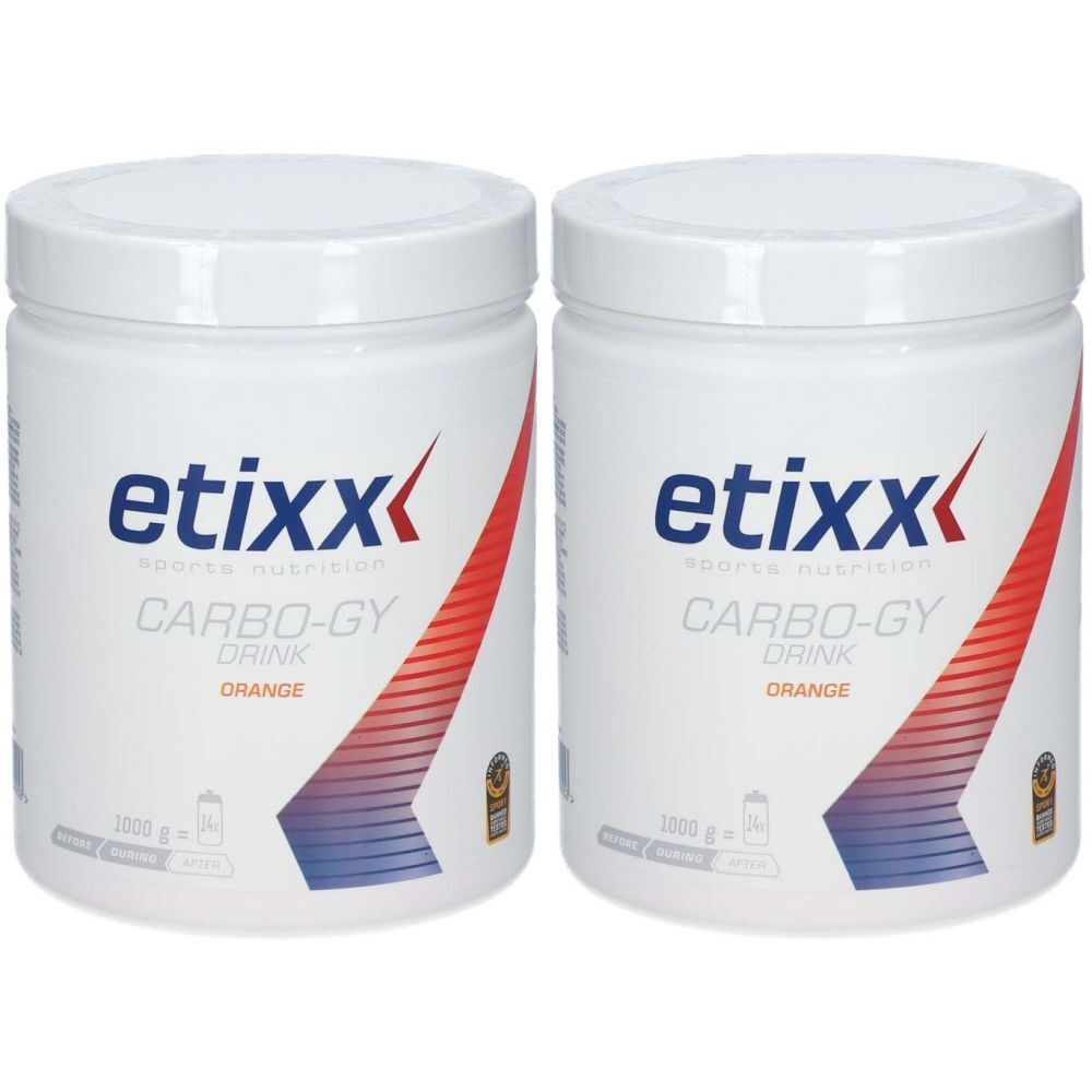 Deux pots blancs avec couvercles. Inscription: etixx, Carbo-GY Drink, Orange. Bande diagonale rouge et bleue. 1000 g.