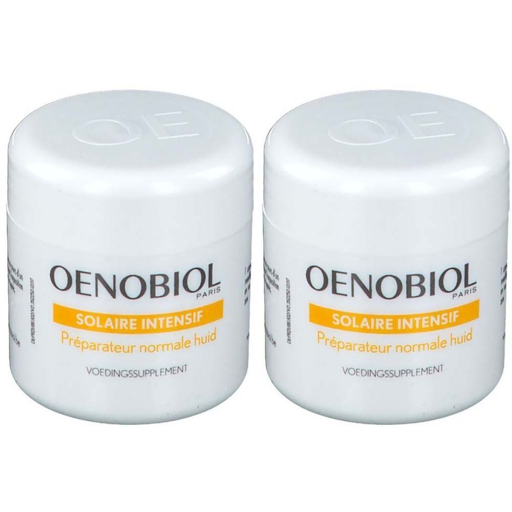 Deux pots blancs avec couvercles. Inscription: OENOBIOL, SOLAIRE INTENSIF, Préparateur normale huid, VOEDINGSSUPPLEMENT.