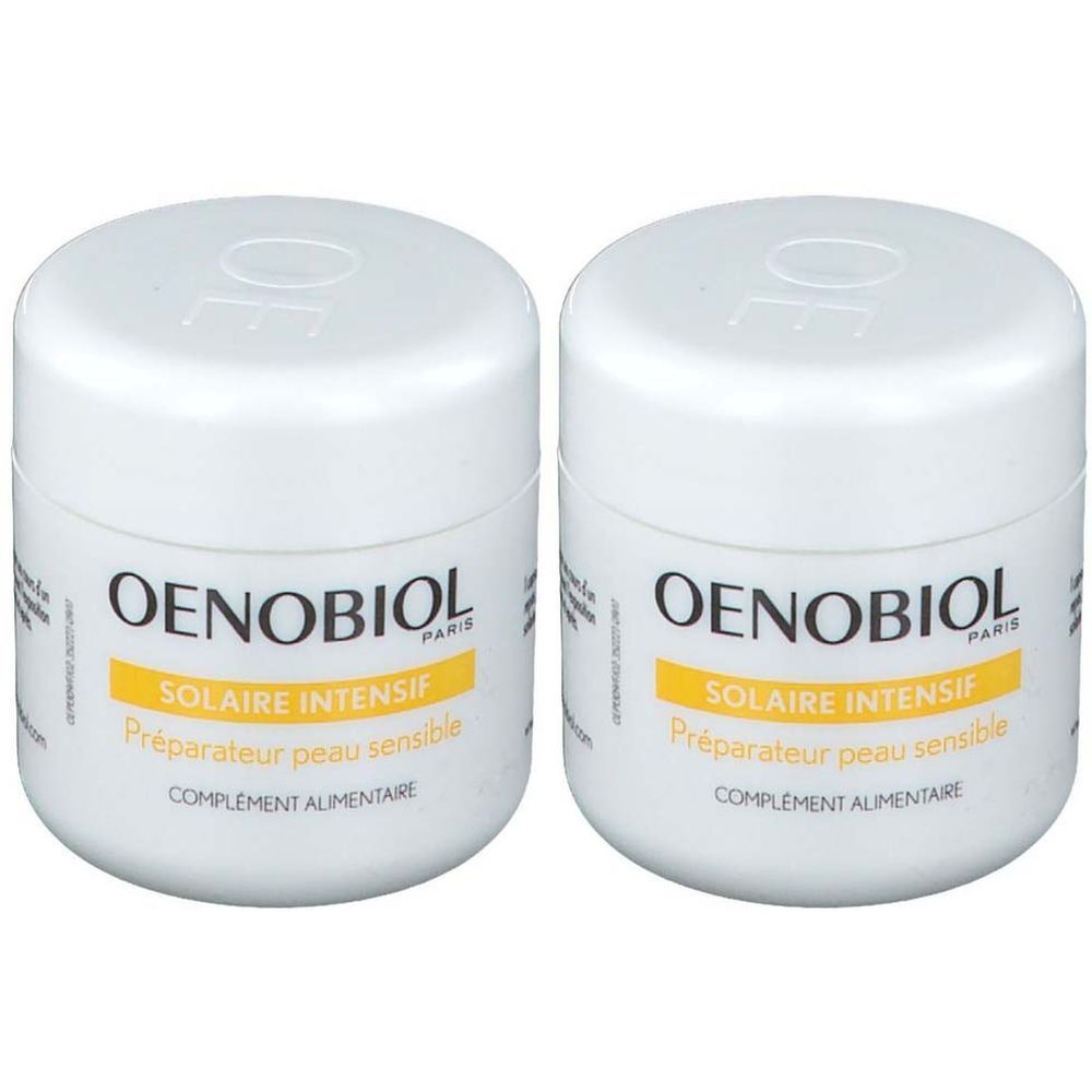 Deux pots blancs avec couvercles. Inscription OENOBIOL, Solaire Intensif, Préparateur peau sensible, Complément alimentaire.