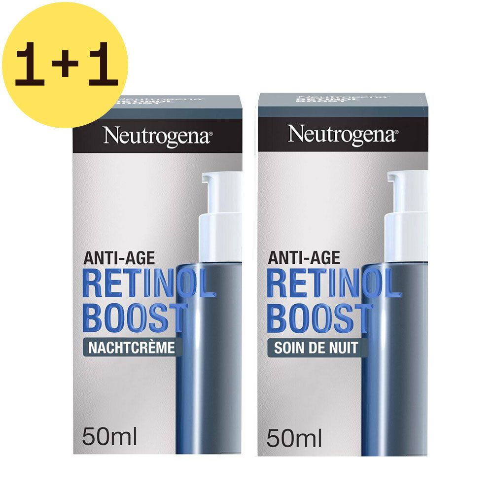 Deux boîtes de Neutrogena Anti-Age Retinol Boost Crème de nuit. Inscriptions : 1+1, 50ml, marque et nom du produit.