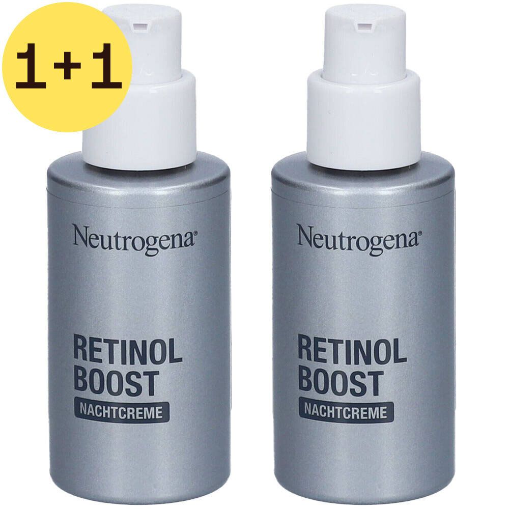 Deux flacons de Neutrogena Anti-Age Retinol Boost Crème de nuit. Inscriptions : 1+1, marque et nom du produit.