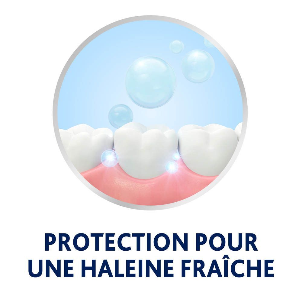 Modèle de dent avec bulles. Texte: Protection pour une haleine fraîche.
