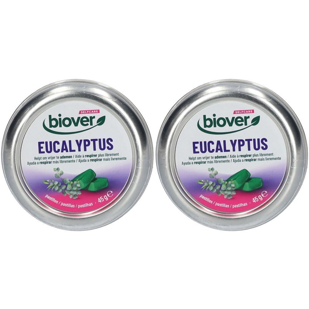 Deux boîtes rondes en métal. Inscription "biover Eucalyptus". Illustration de pastilles vertes et de lavande. 45g.