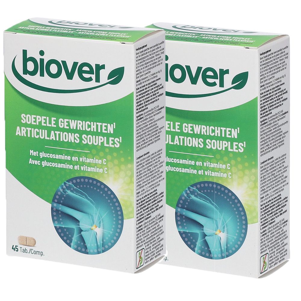 Deux boîtes "biover". Texte: "SOEPELE GEWRICHTEN ARTICULATIONS SOUPLES". Contient glucosamine et vitamine C. 45 comprimés.