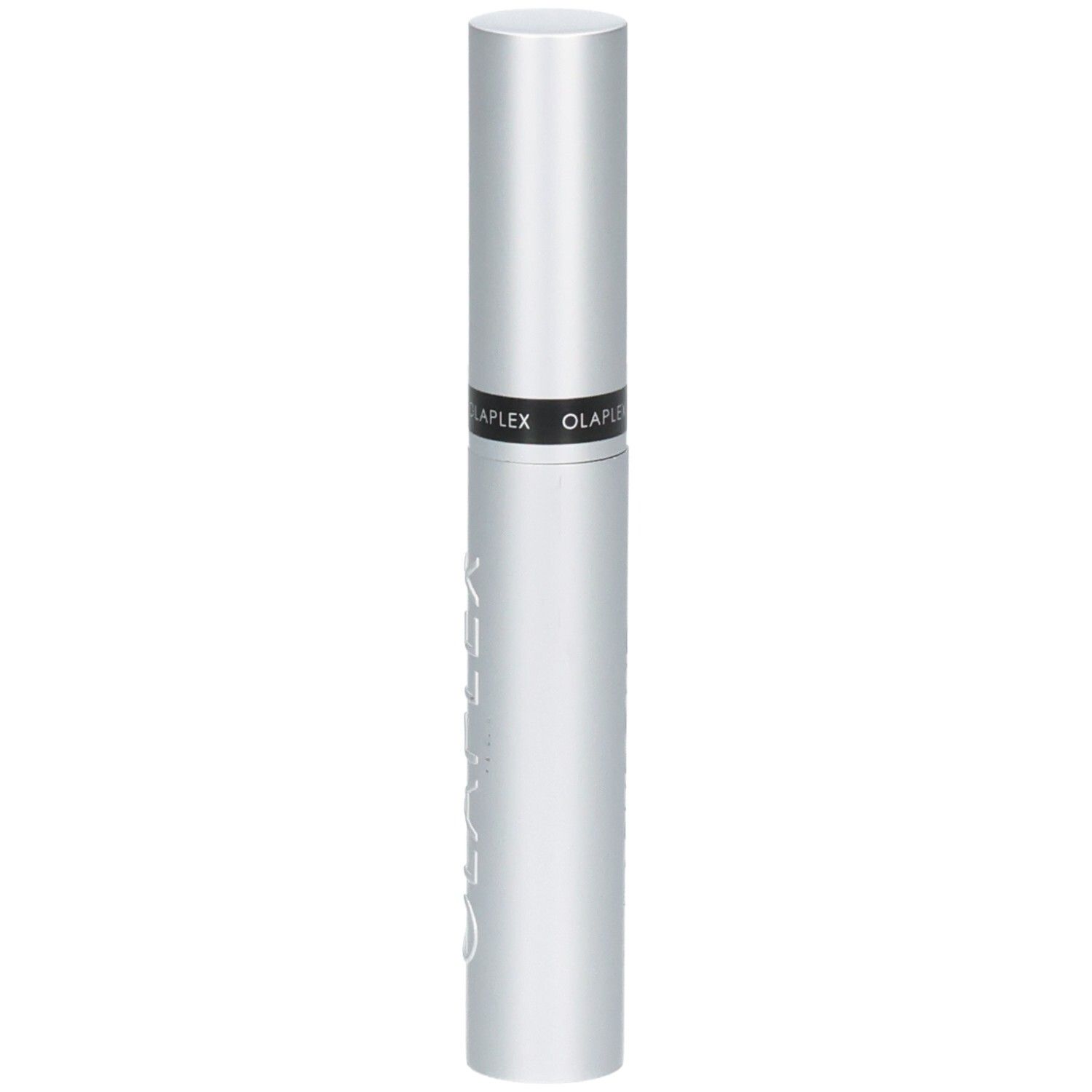 Sérum rehausseur de cils Olaplex Lashbond dans un tube argenté, vu de côté.