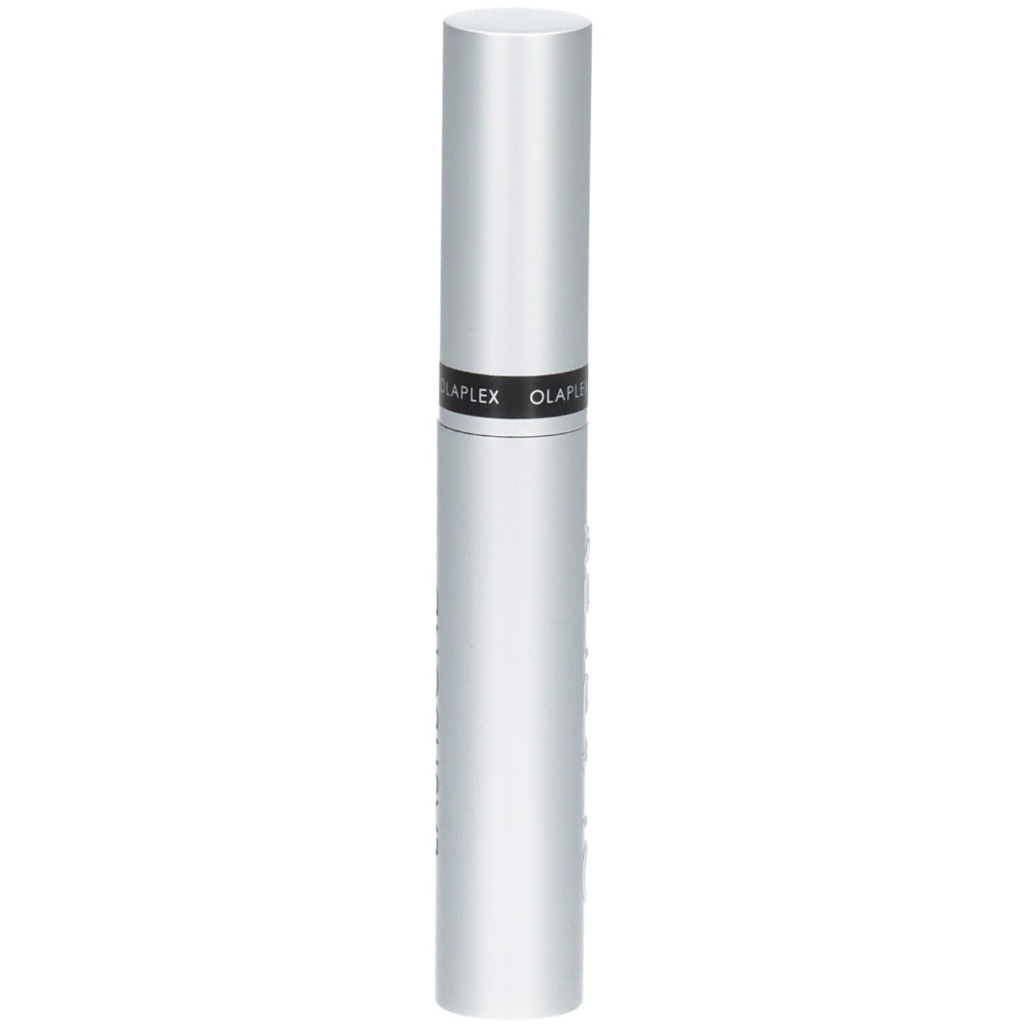 Sérum rehausseur de cils Olaplex Lashbond dans un tube argenté, légèrement tourné.