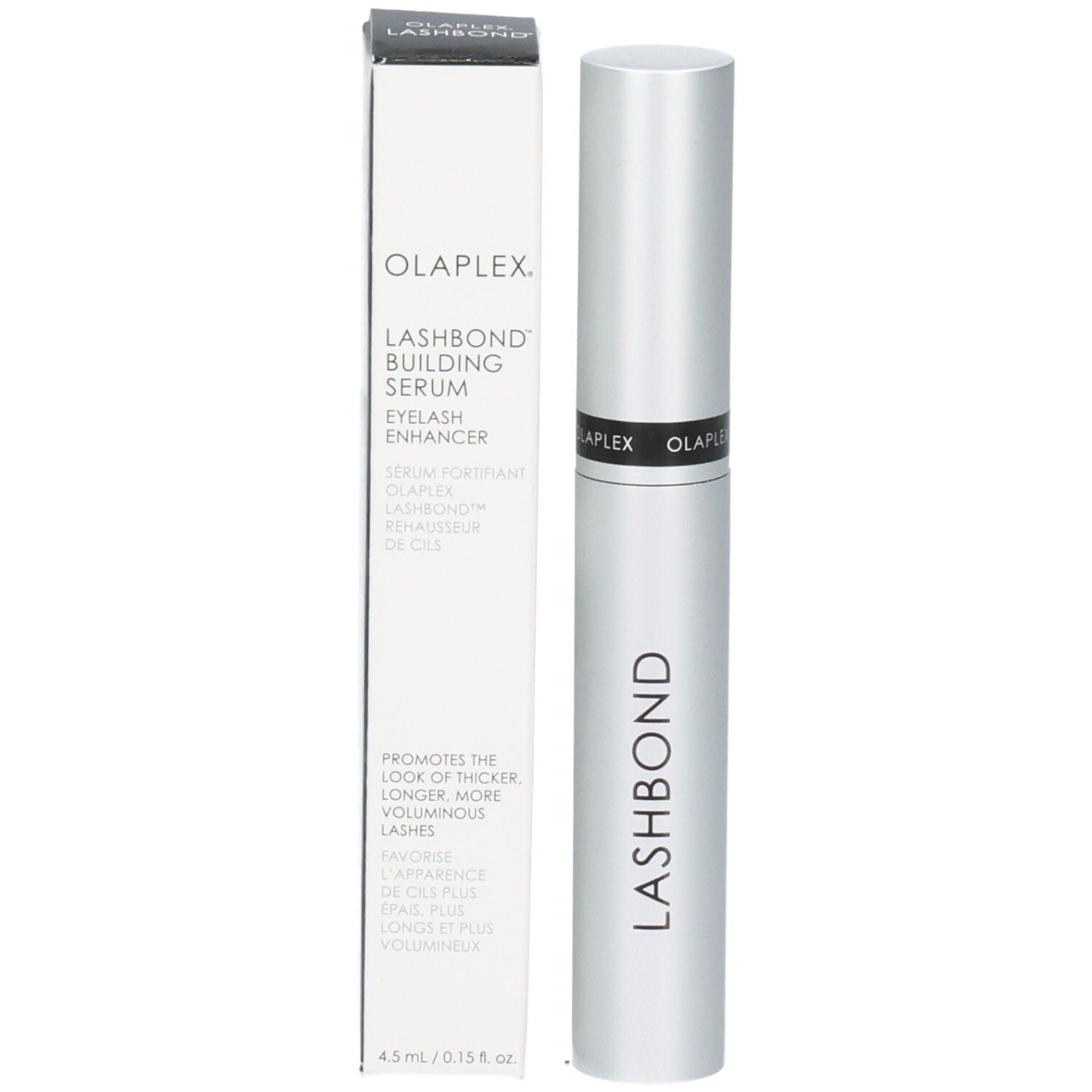 Sérum rehausseur de cils Olaplex Lashbond Building Serum dans un tube argenté à côté de sa boîte.