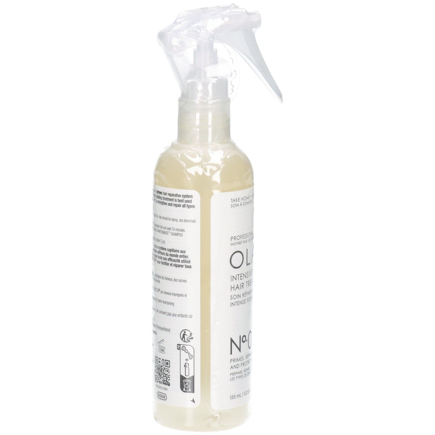 Arrière du flacon pulvérisateur Olaplex Nº.0 avec instructions d'utilisation détaillées.