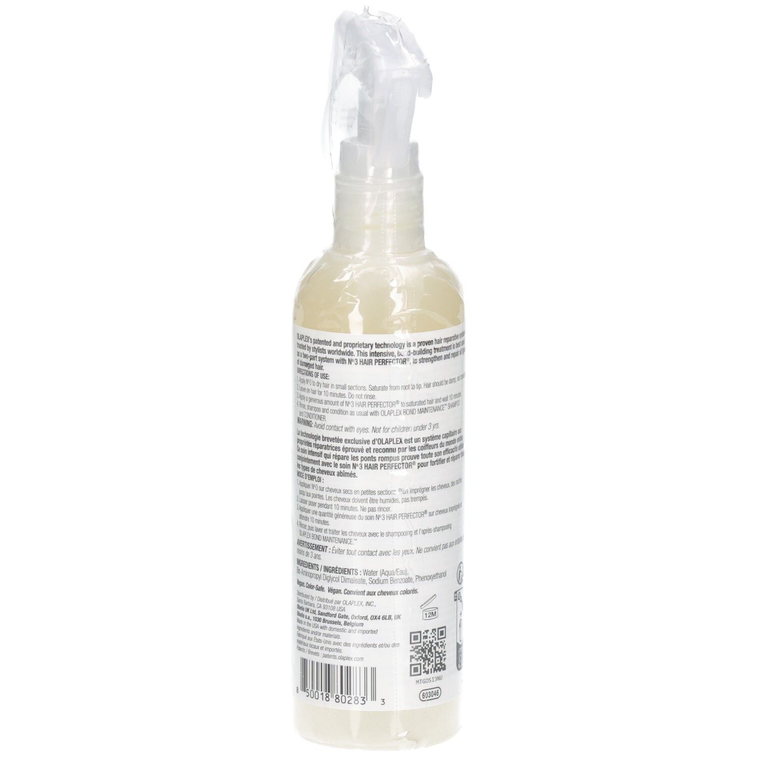 Arrière du flacon pulvérisateur Olaplex Nº.0 avec code-barres et ingrédients.