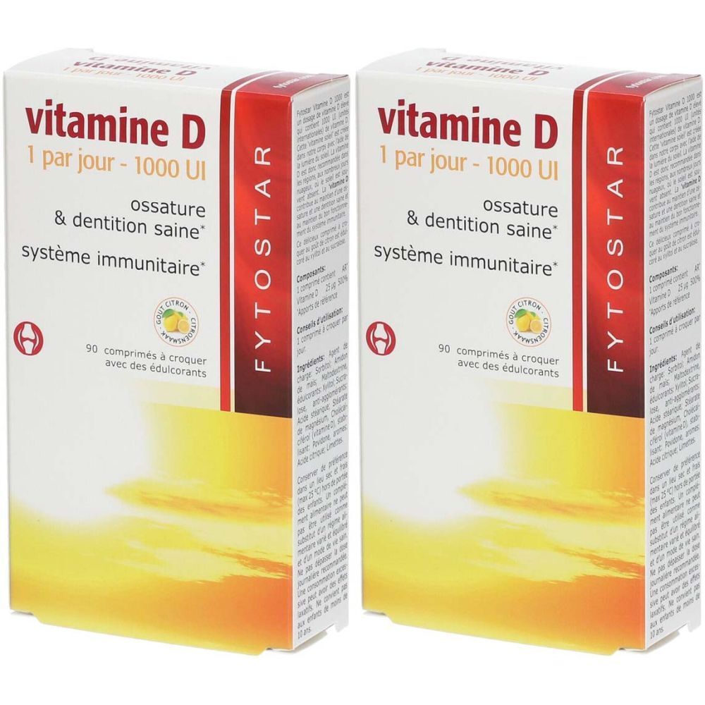 Deux boîtes de vitamine D. Inscription : 1 par jour - 1000 UI, ossature & dentition saine, système immunitaire. Marque : FYTOSTAR.