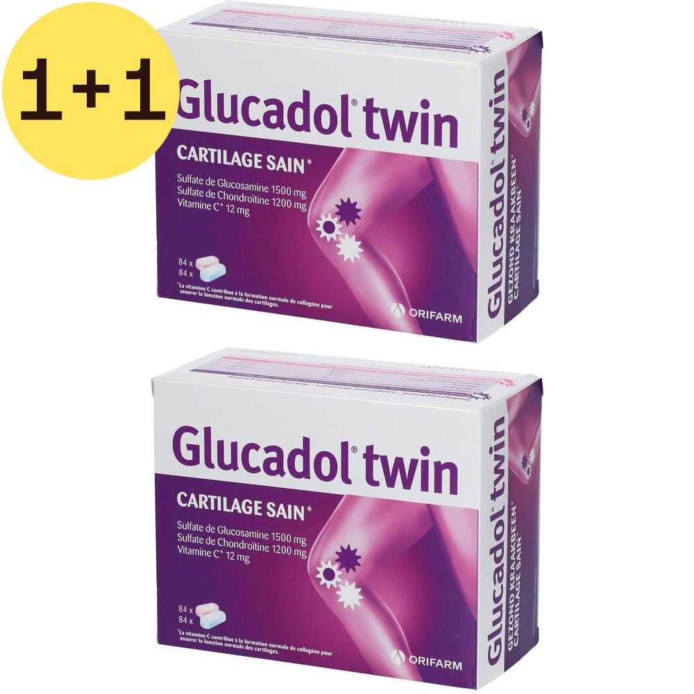 Deux boîtes de Glucadol twin. Inscription: CARTILAGE SAIN. Contient de la glucosamine, de la chondroïtine et de la vitamine C. Marque: ORIFARM. Emballage blanc et violet.