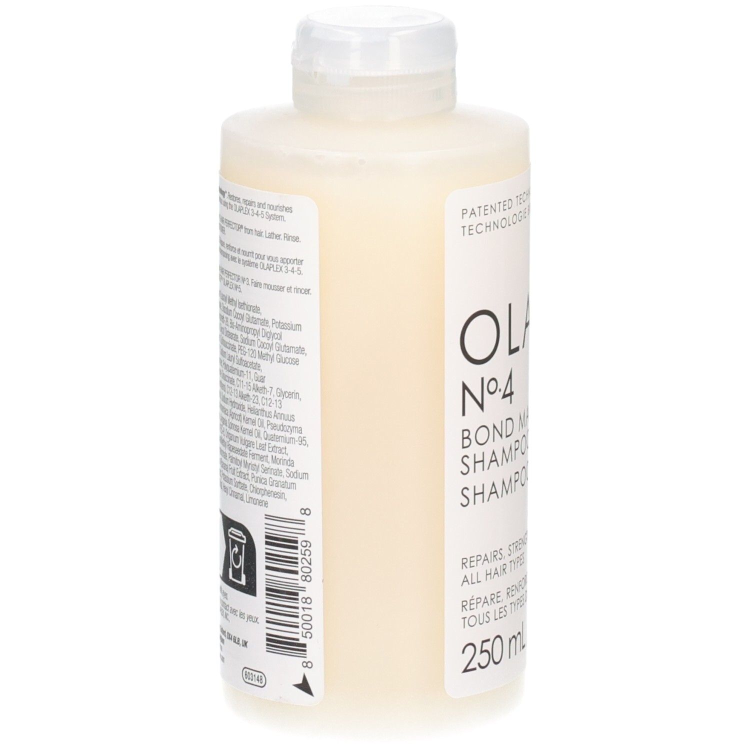 Arrière d'un flacon de shampoing OLAPLEX No. 4 Bond Maintenance avec ingrédients.