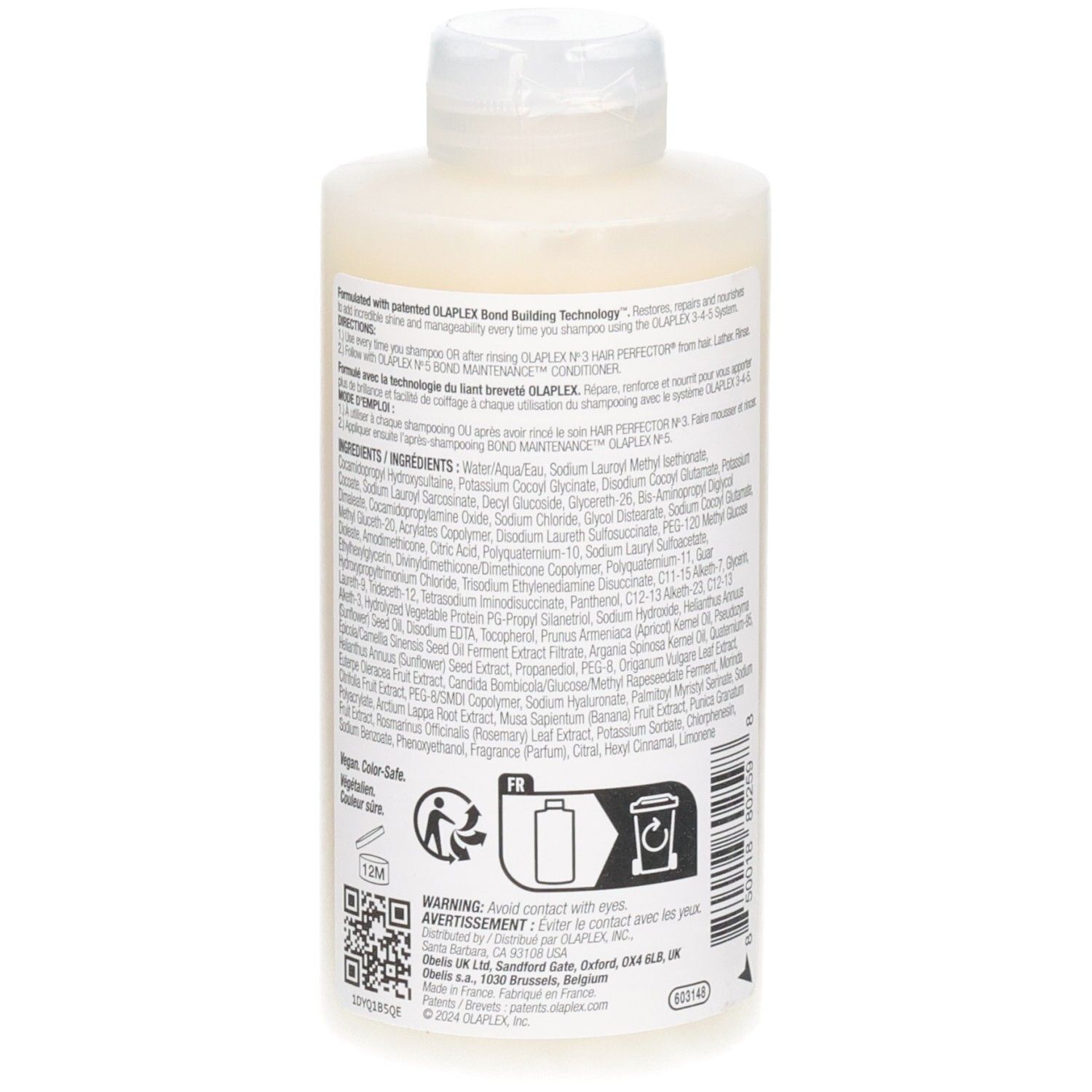Arrière d'un flacon de shampoing OLAPLEX No. 4 Bond Maintenance avec ingrédients et code-barres.
