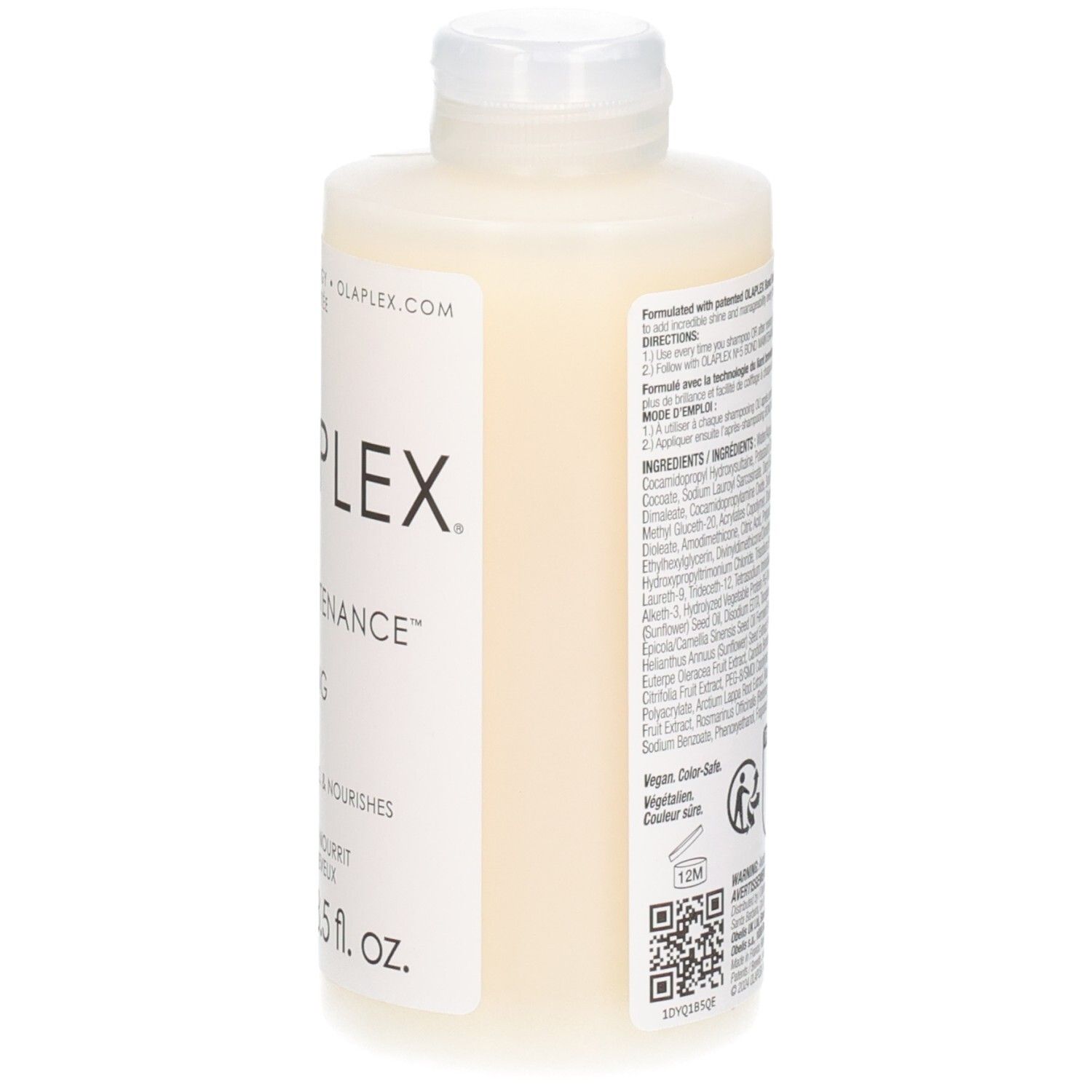 Côté d'un flacon de shampoing OLAPLEX No. 4 Bond Maintenance avec ingrédients.