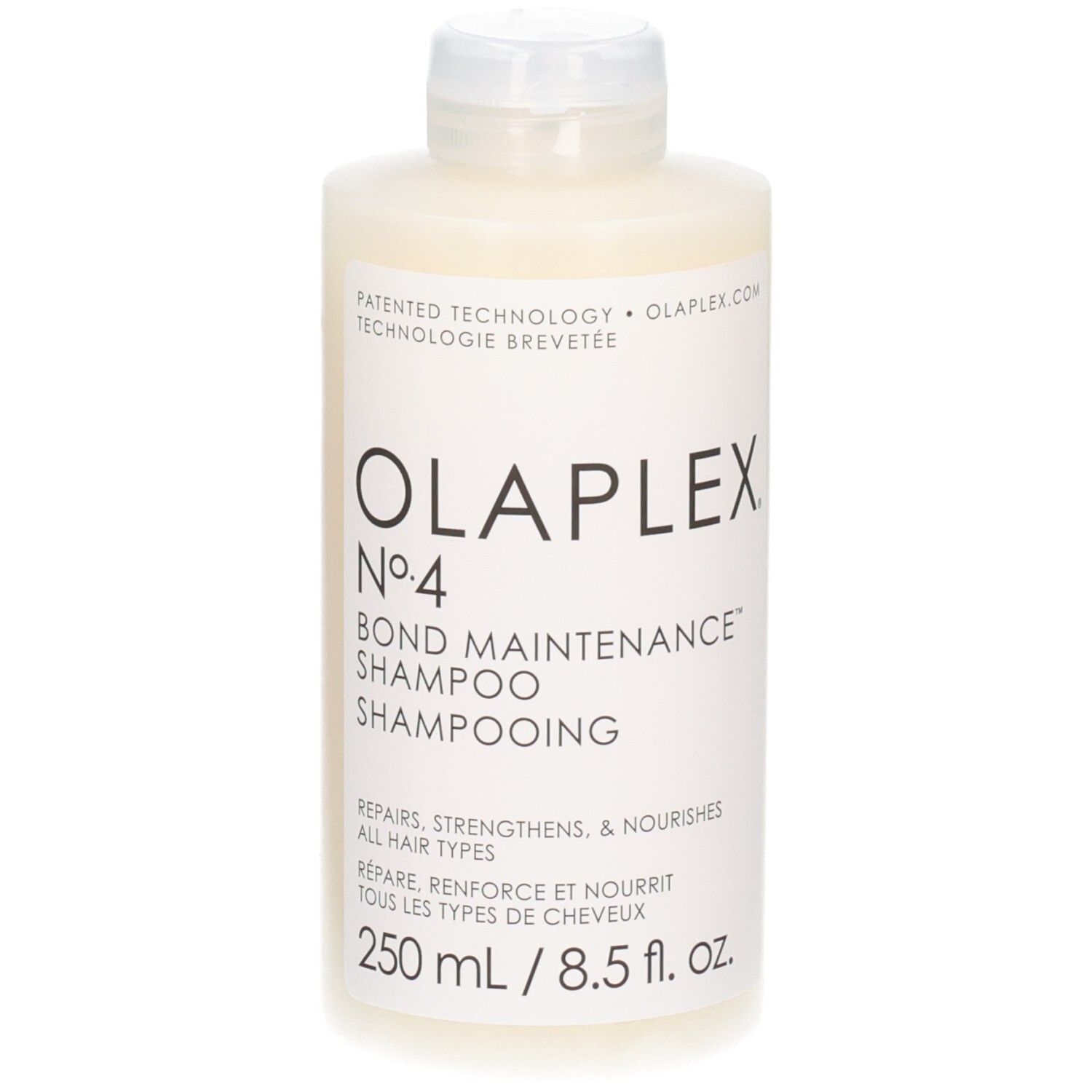 Shampoing OLAPLEX No. 4 Bond Maintenance, flacon de 250 ml, avec texte sur l'étiquette.