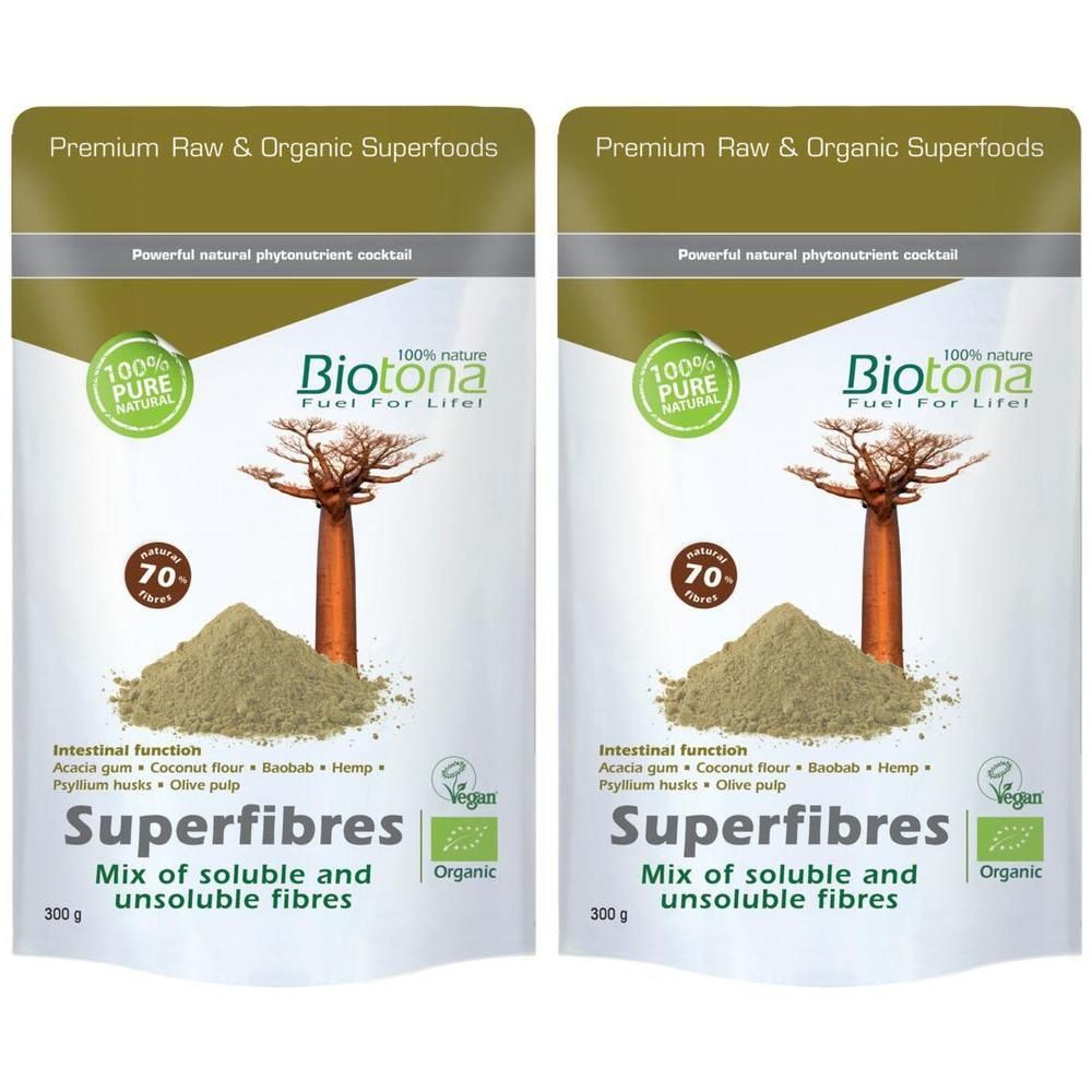 Deux paquets de poudre Biotona Superfibres avec illustration d'un baobab et label bio.