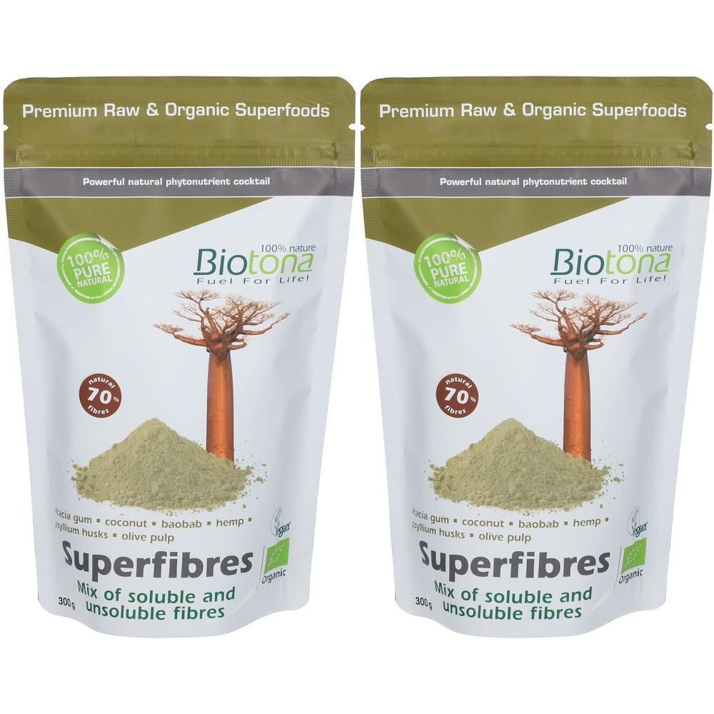 Deux sachets de Superfibres Biotona. Sachets blancs avec impression verte. Contient un mélange de fibres solubles et insolubles.