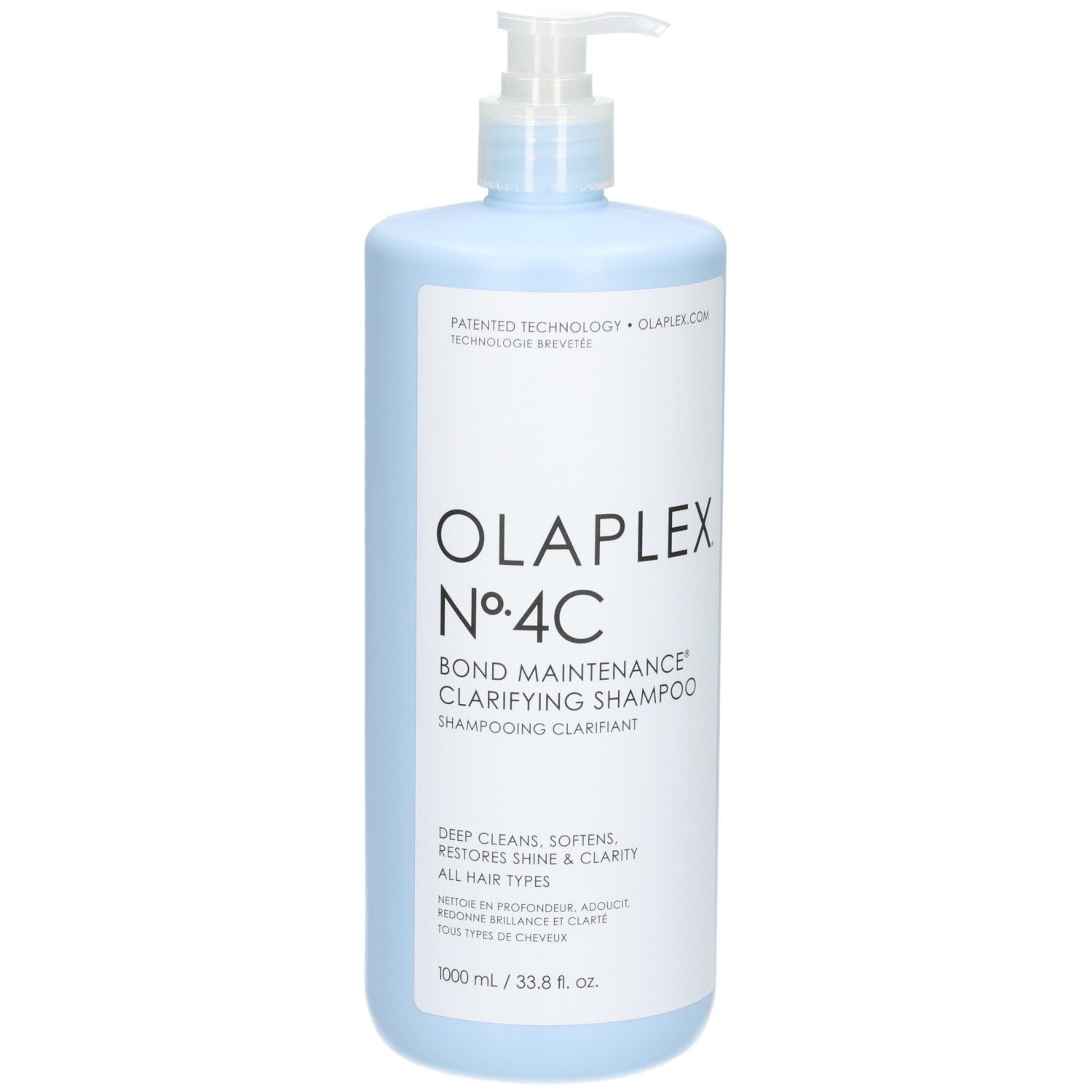 Olaplex Nº.4C Bond Maintenance Clarifying Shampoo dans une bouteille bleu clair avec distributeur à pompe.