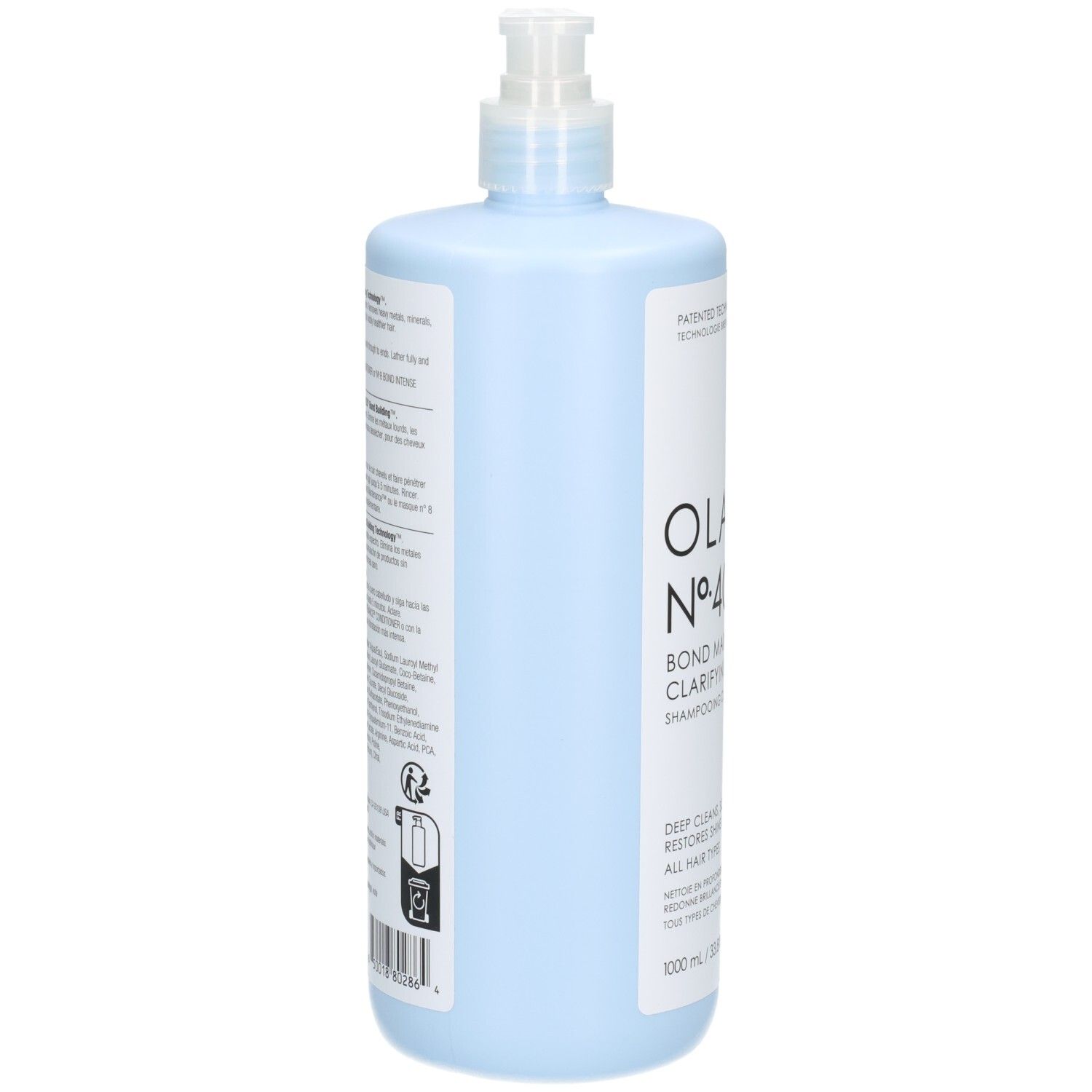 Olaplex Nº.4C Bond Maintenance Clarifying Shampoo, vue latérale de la bouteille bleu clair avec distributeur à pompe.