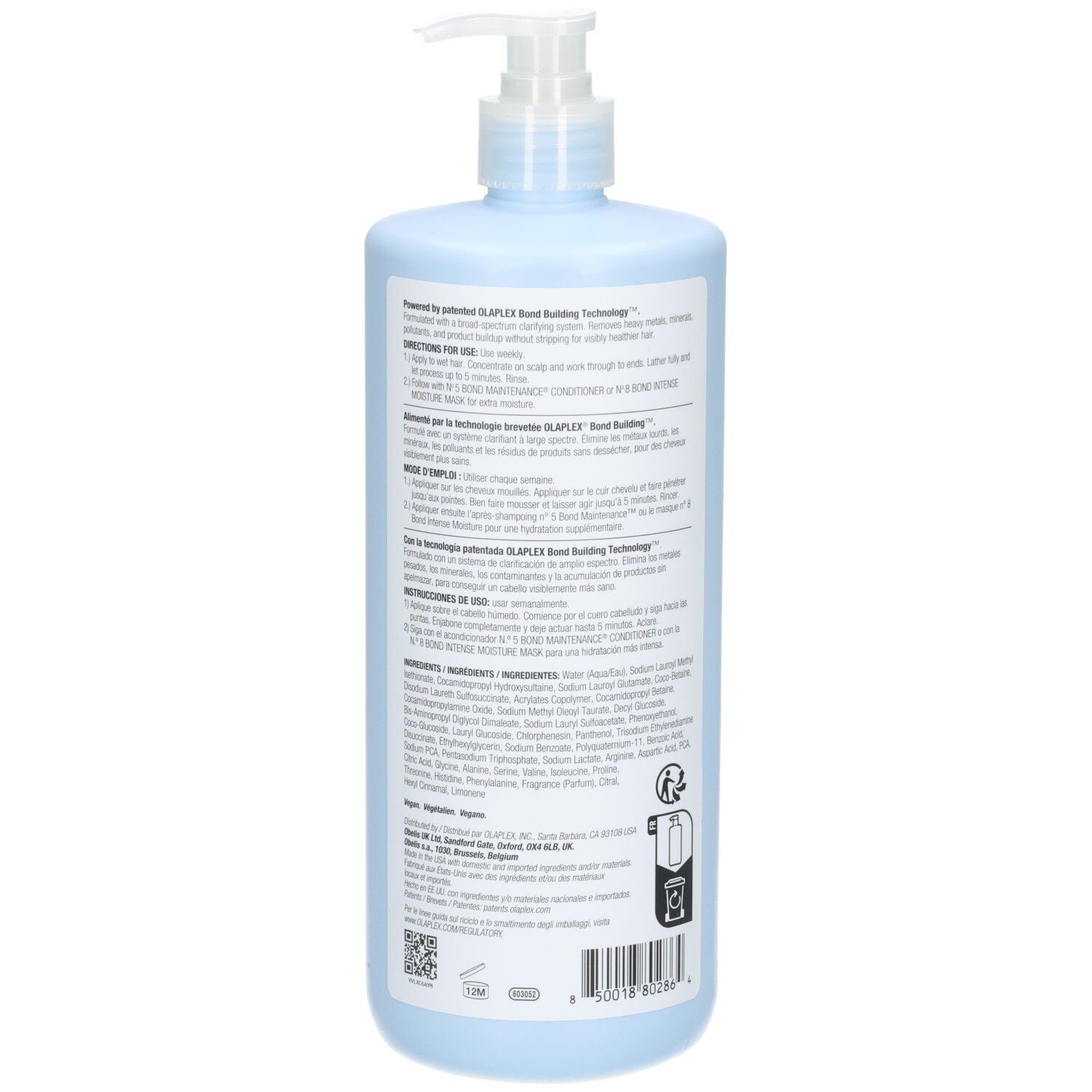 Arrière de la bouteille Olaplex Nº.4C Bond Maintenance Clarifying Shampoo avec instructions d'utilisation.