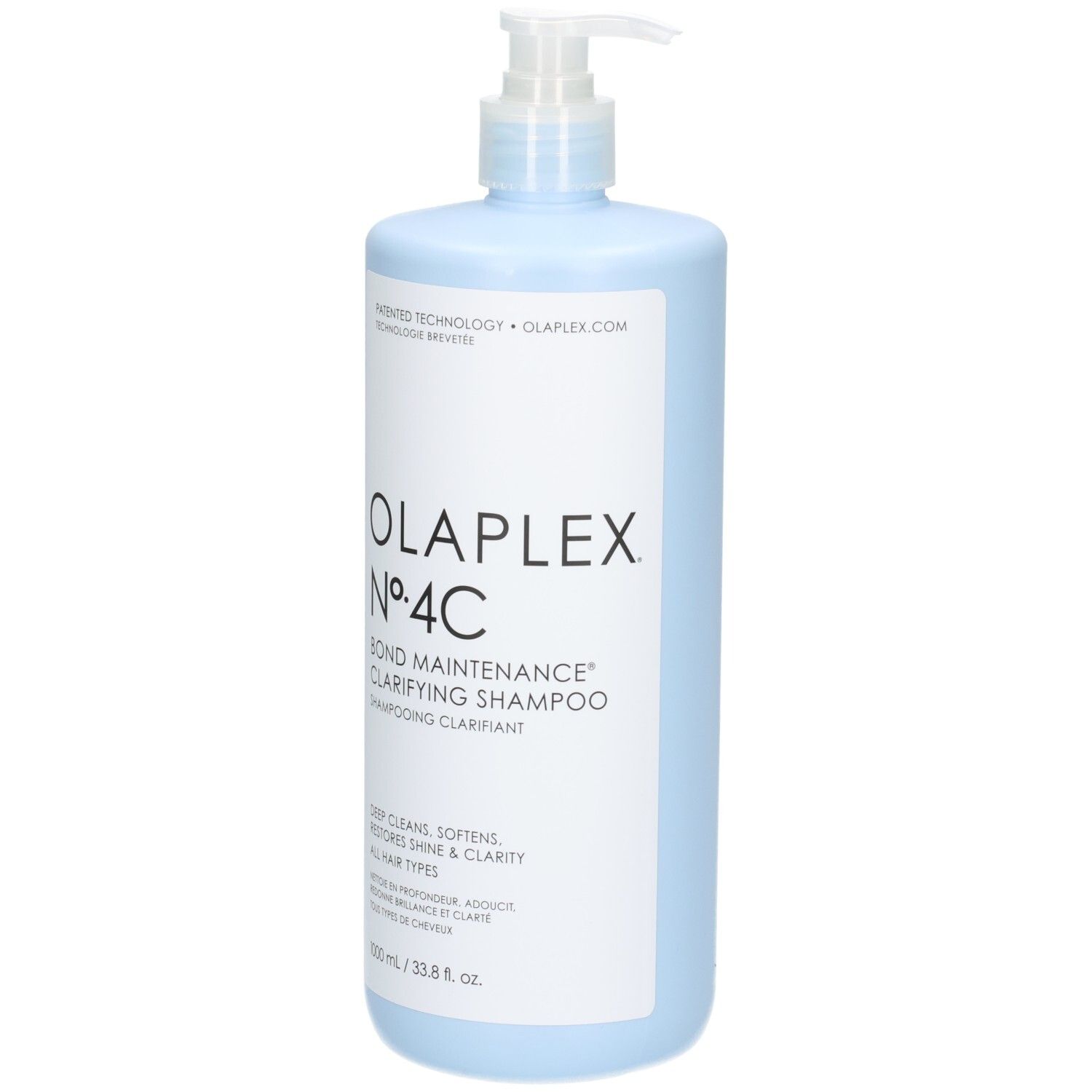 Olaplex Nº.4C Bond Maintenance Clarifying Shampoo dans une bouteille bleu clair avec distributeur à pompe, vue de face.
