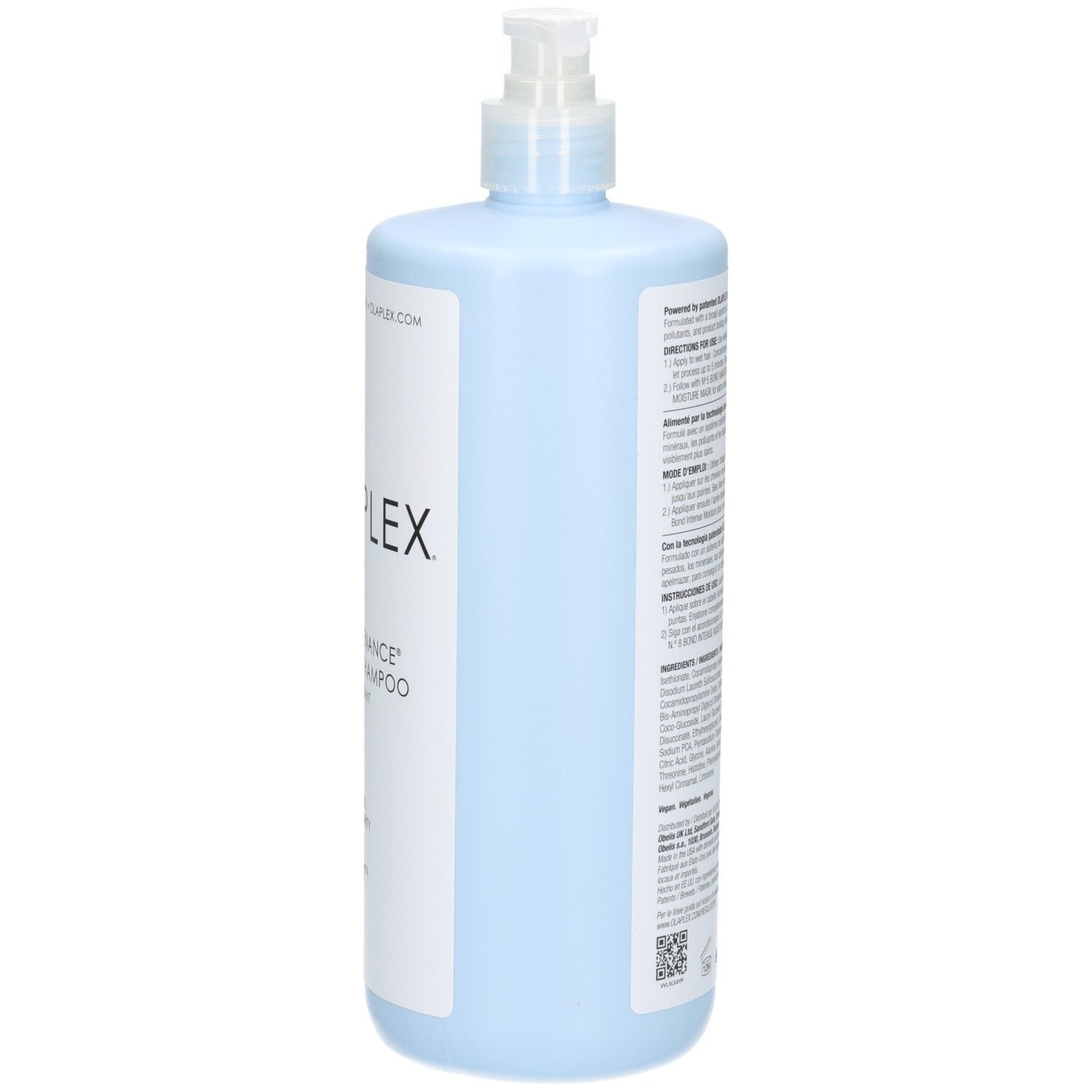 Olaplex Nº.4C Bond Maintenance Clarifying Shampoo, vue latérale de la bouteille bleu clair avec distributeur à pompe.