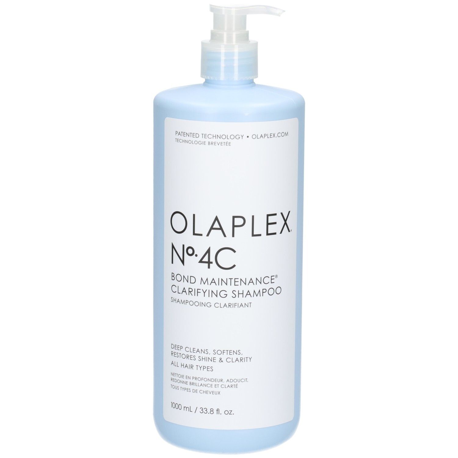 Olaplex Nº.4C Bond Maintenance Clarifying Shampoo dans une bouteille bleu clair avec distributeur à pompe.