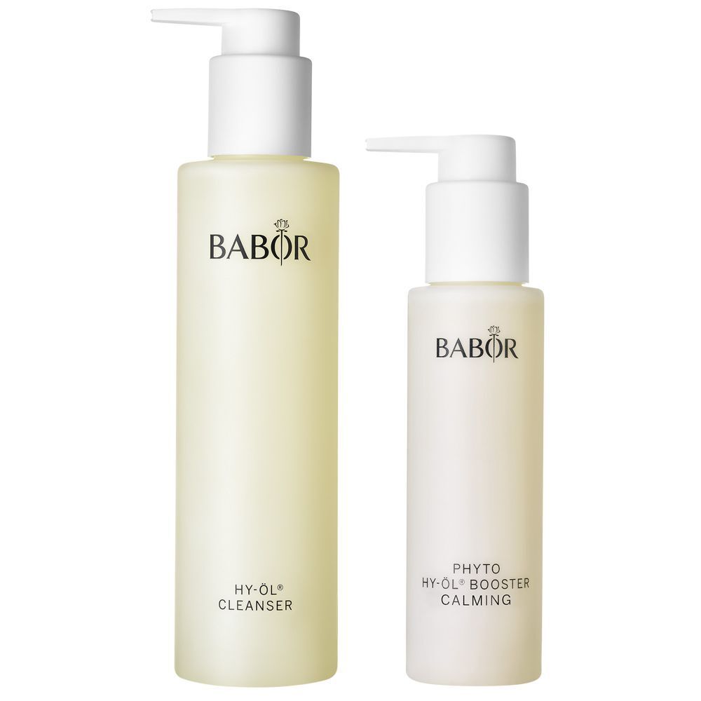 Deux flacons avec pompe. Inscription BABOR et HY-ÖL Cleanser. Petit flacon : Phyto HY-ÖL Booster Calming.