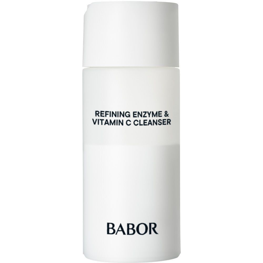 Flacon blanc avec logo BABOR et nom du produit. Forme cylindrique, bouchon blanc. Inscription : Refining Enzyme & Vitamin C Cleanser.