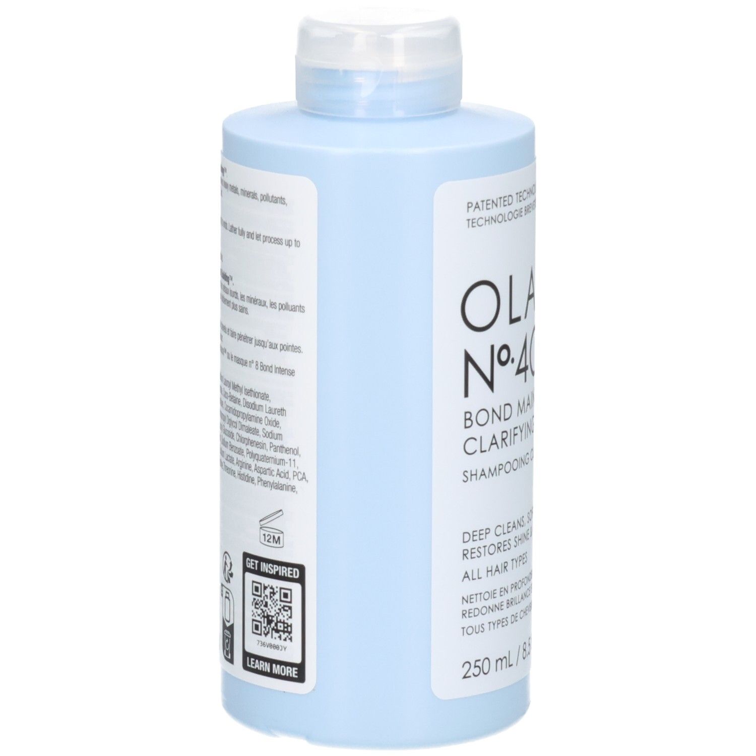 Bouteille de shampooing clarifiant Olaplex No. 4C Bond Maintenance, verso avec ingrédients.