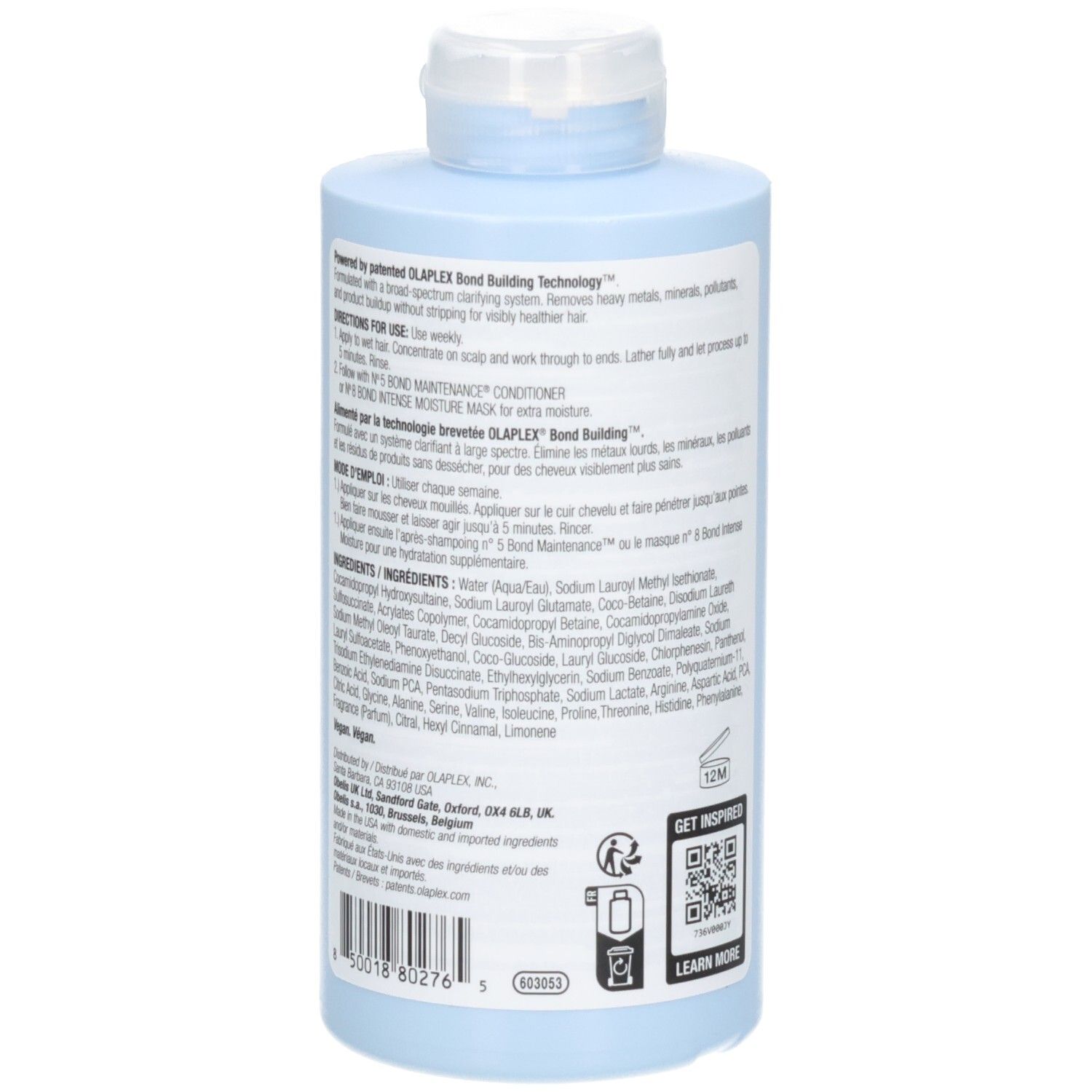 Bouteille de shampooing clarifiant Olaplex No. 4C Bond Maintenance, verso avec instructions.