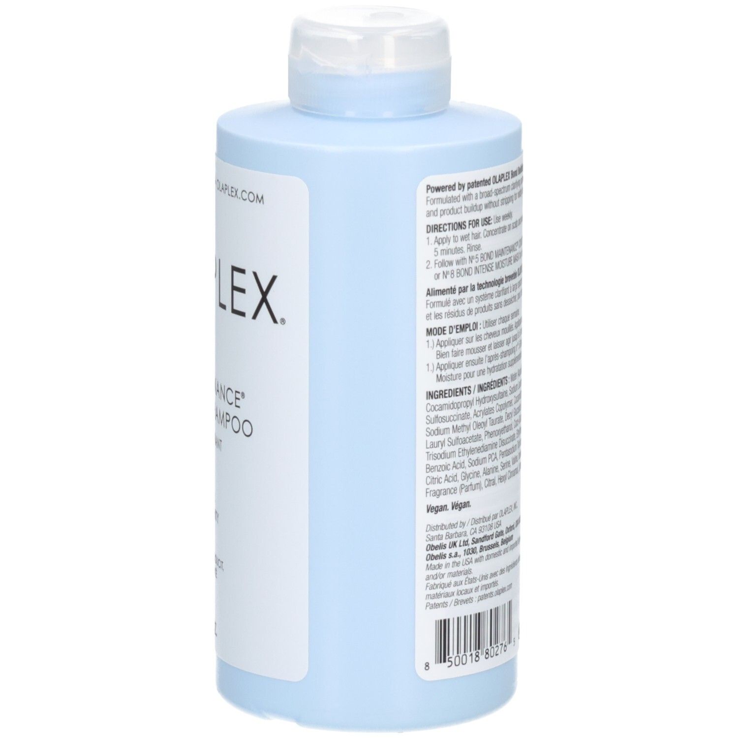 Bouteille de shampooing clarifiant Olaplex No. 4C Bond Maintenance, côté avec instructions.