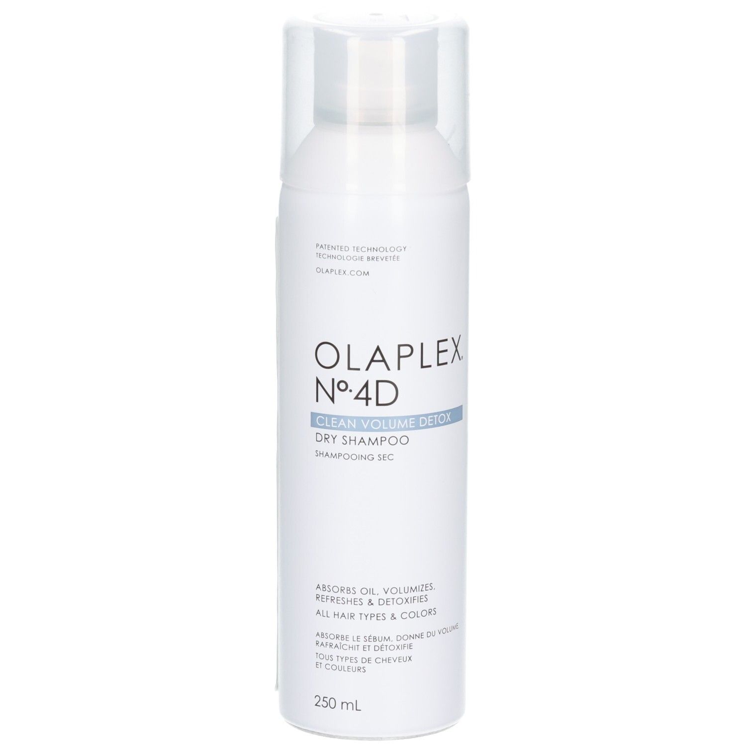 Flacon pulvérisateur blanc avec shampooing sec Olaplex Nº.4D Clean Volume Detox. 250 ml.