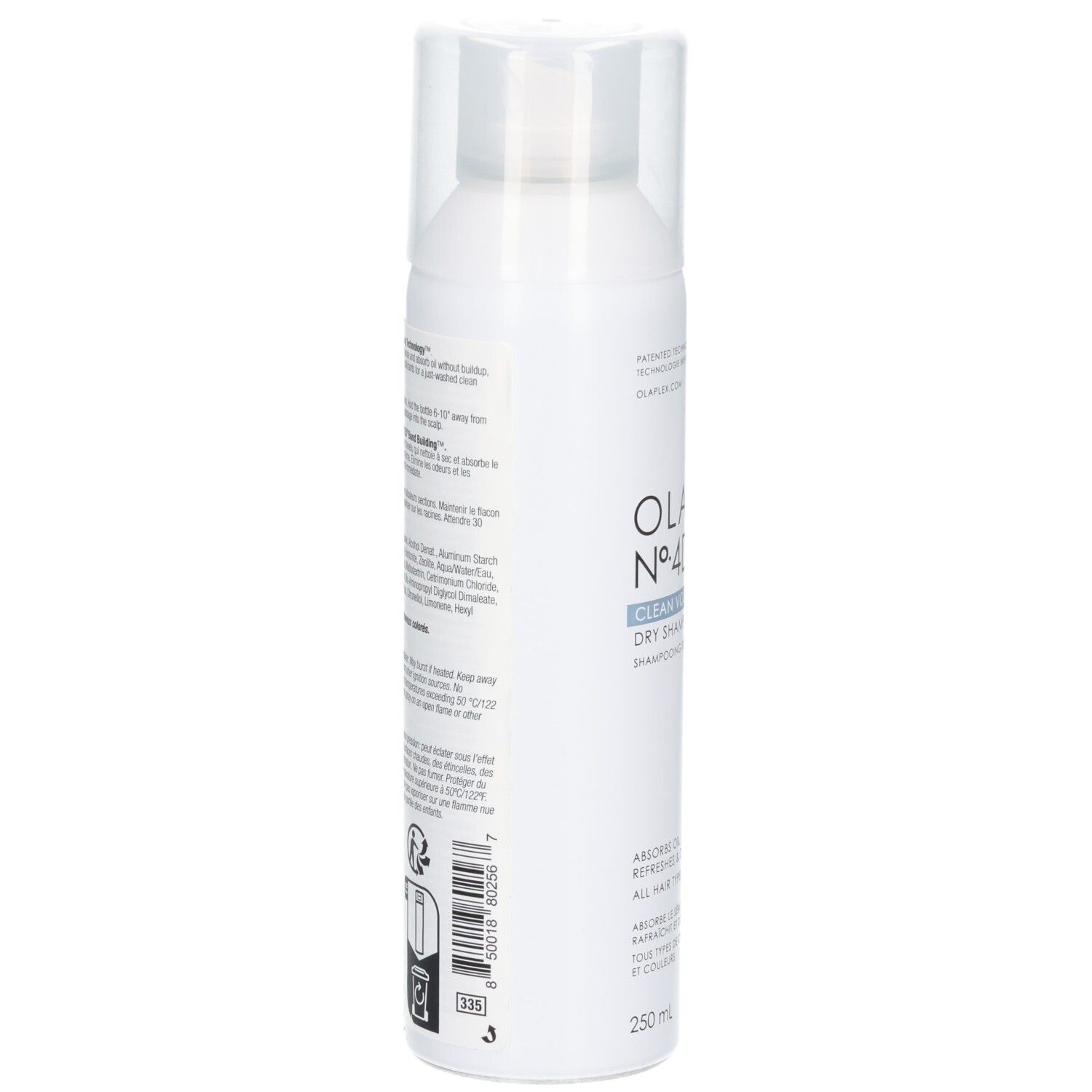 Arrière d'un flacon pulvérisateur blanc avec shampooing sec Olaplex Nº.4D Clean Volume Detox. Contient les ingrédients et les instructions.